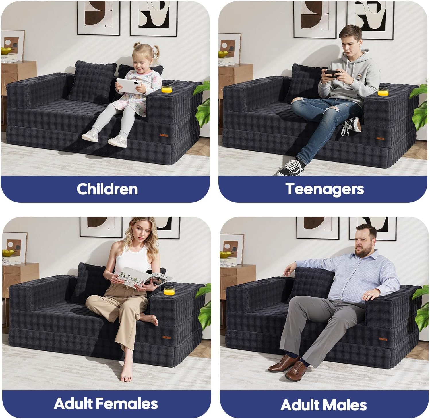 Detalle 2 de COMAX Convertible Sofa Bed (Corduroy Beige) – Folding Floor Couch Bed Futon Sleeper w/ Pillows