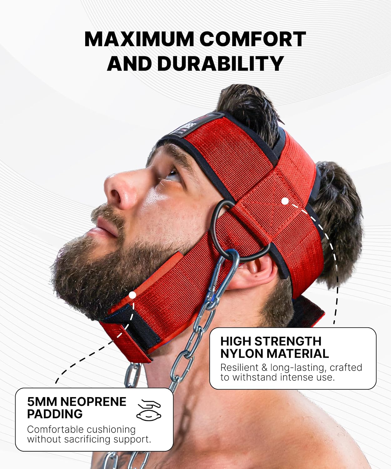 Detalle de DMoose Fitness Neck Harness for Weight Lifting with adjustable head & chin strap and steel chain