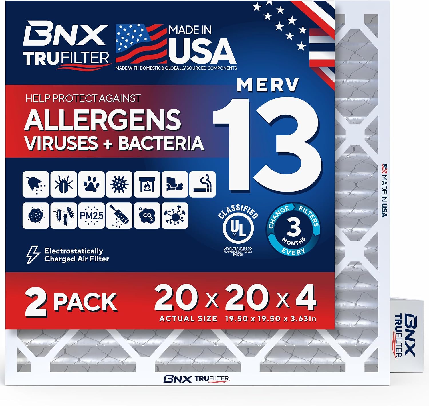 BNX MERV 13 Electrostatic Pleated Air Filter 20x20x4