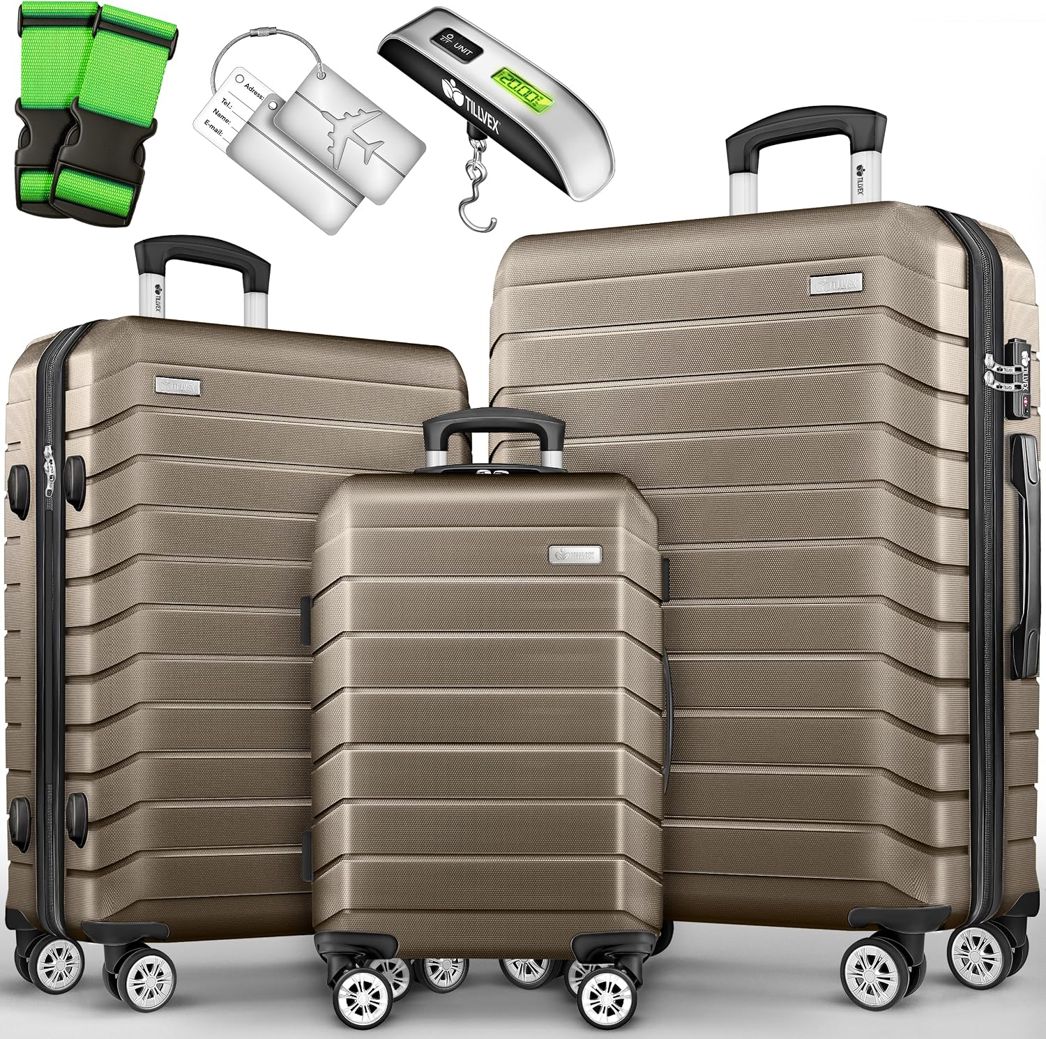 Detalle de tillvex Set di 3 valigie da viaggio con bilancia, cinture e etichette | Trolley TSA in ABS dorato