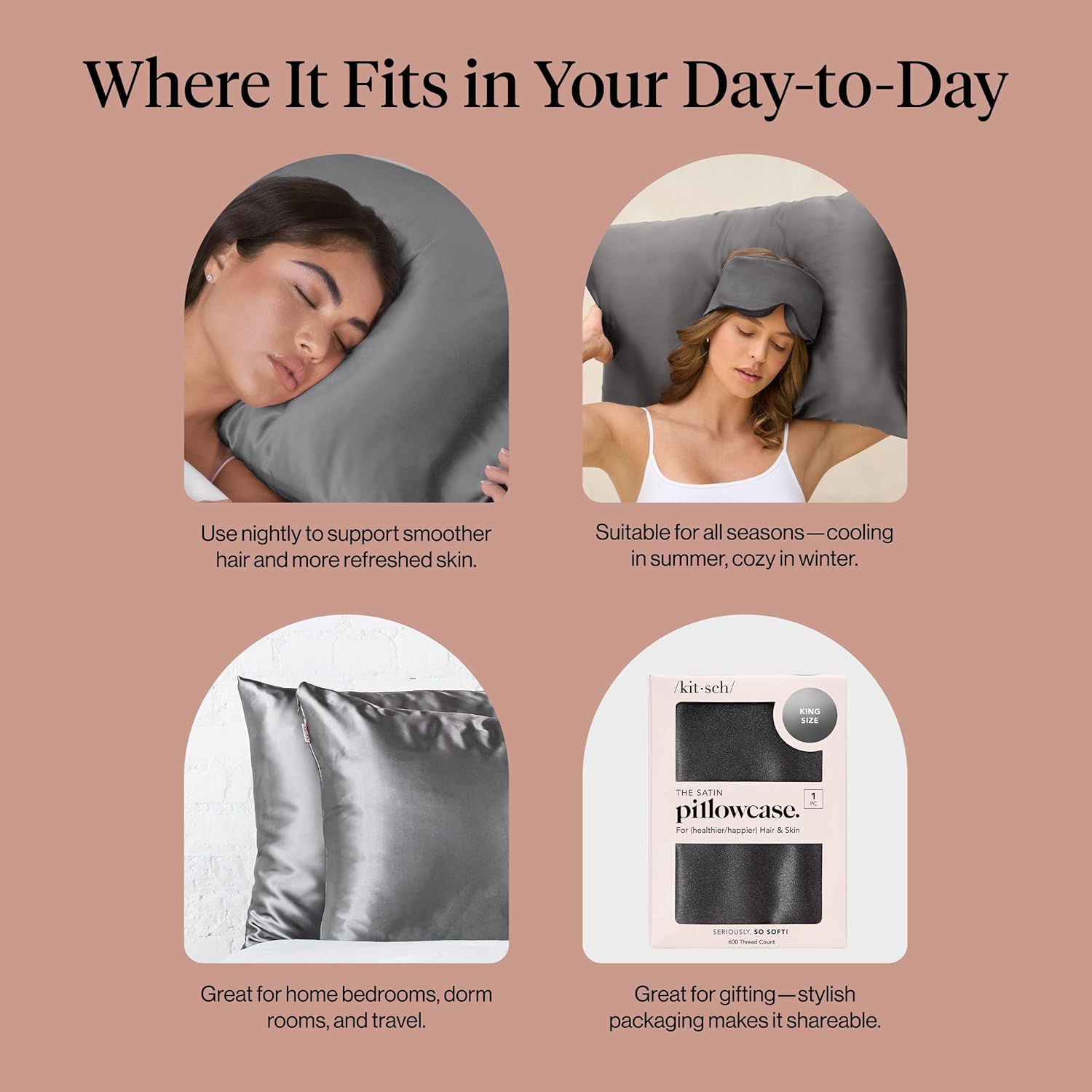 Thumbnail 5 de Housse de coussin satin Kitsch (taille King 19"x36") charbon avec fermeture éclair