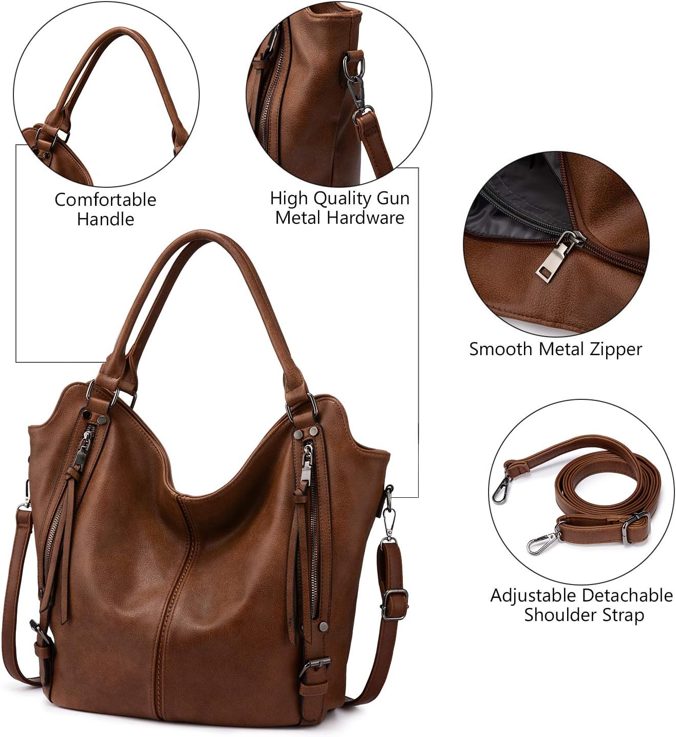 Detalle de Realer Sac à main femme en cuir PU avec bandoulière amovible + pochette assortie, marron