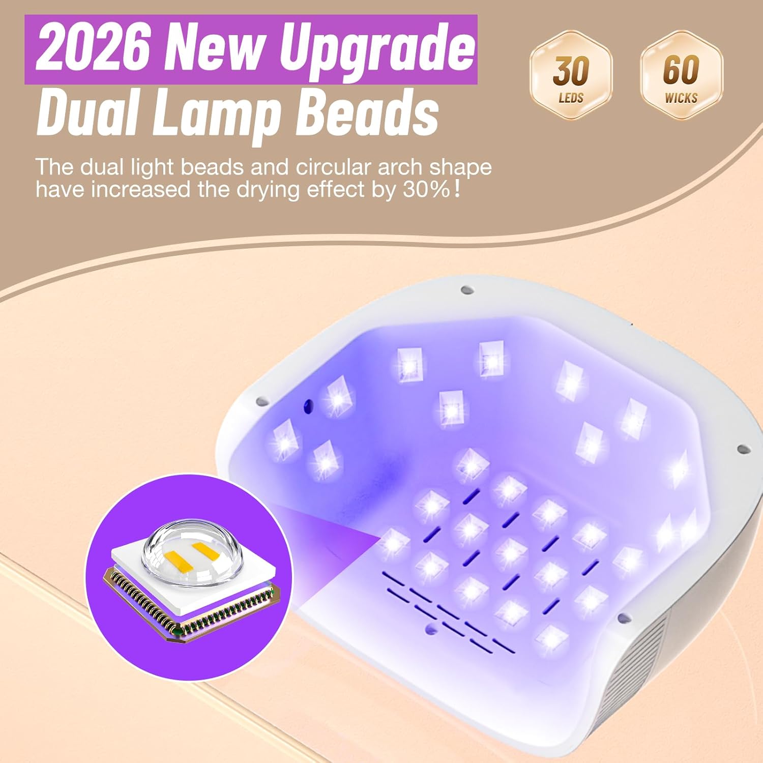 Detalle 2 de LadyMisty UV Lampe Für Gelnägel – 2026 Upgrade, 30 Doppellichtperlen, 4 Timer, LCD-Display, Mattweiß