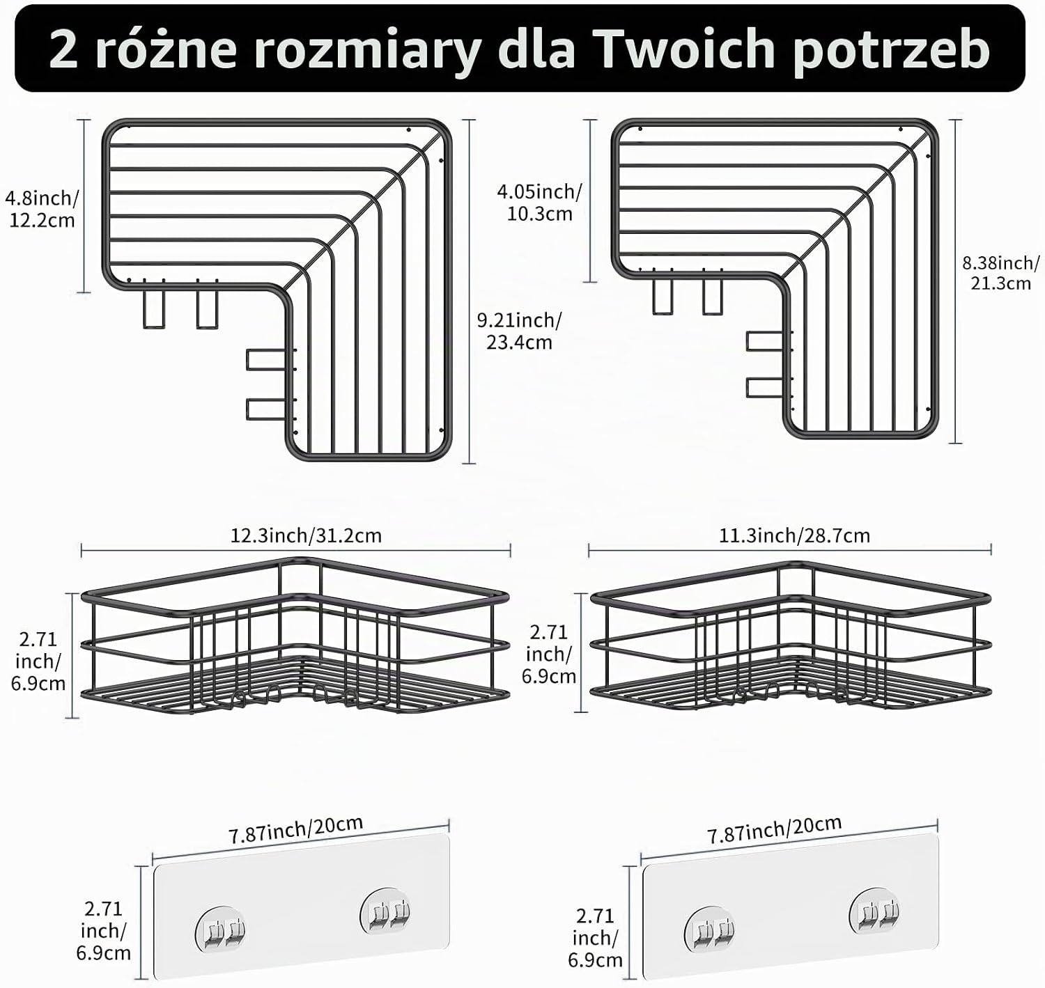 Detalle de Menbyci narożne półki prysznicowe 2-pak ze stali nierdzewnej, 8 haczyków