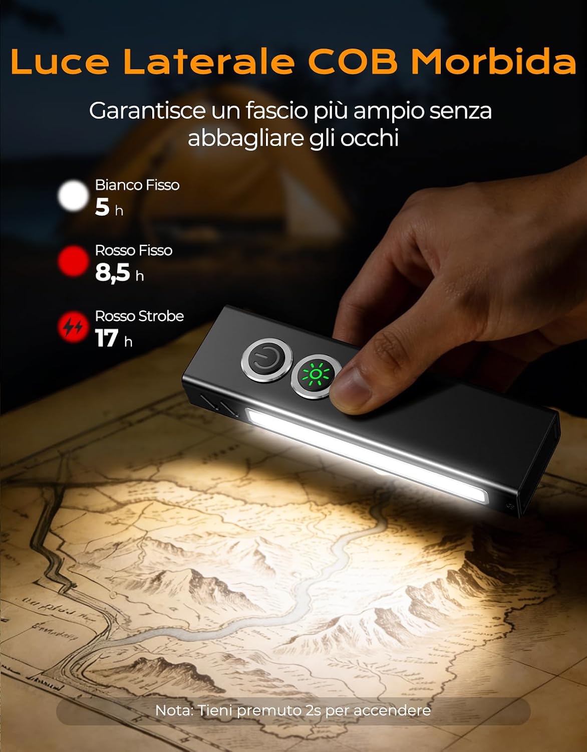 Detalle de Babacom 1300lm Torcia LED Ricaricabile: 7 Modalità, UV e COB, IP44, Base Magnetica