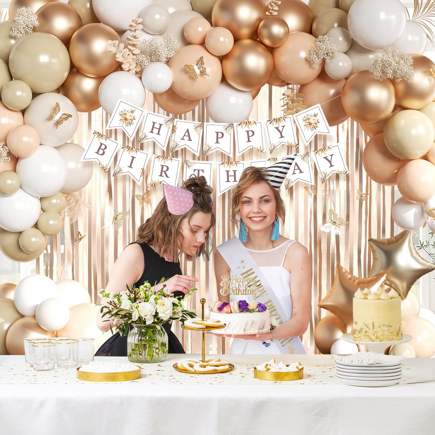 Detalle 2 de Geburtstagsdeko Beige Champagner Gold Set mit Happy Birthday Banner, Schärpe, Luftballons & Deko-Vorhang