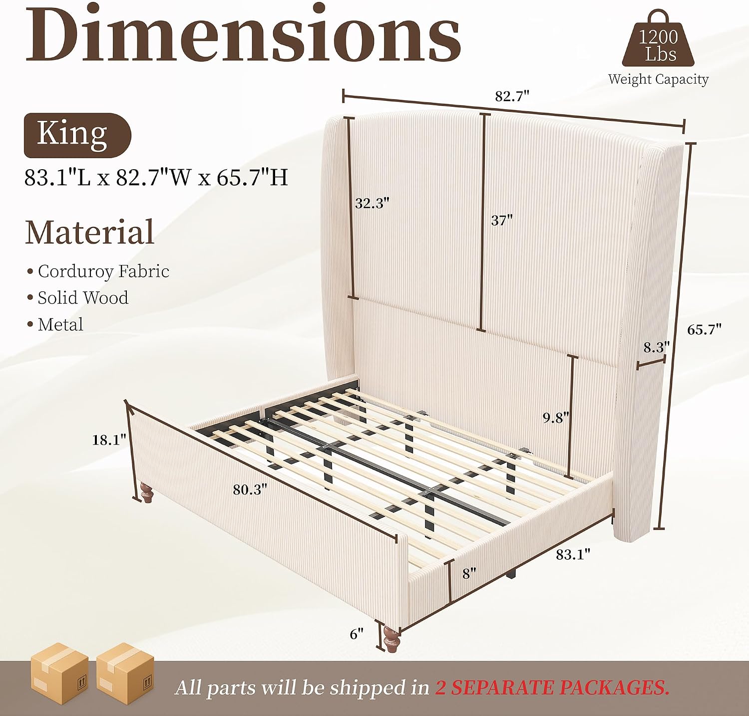 Detalle 2 de Ihanherry KK-FBE002 King Bed Frame, 66" Wingback Headboard, Cream Corduroy