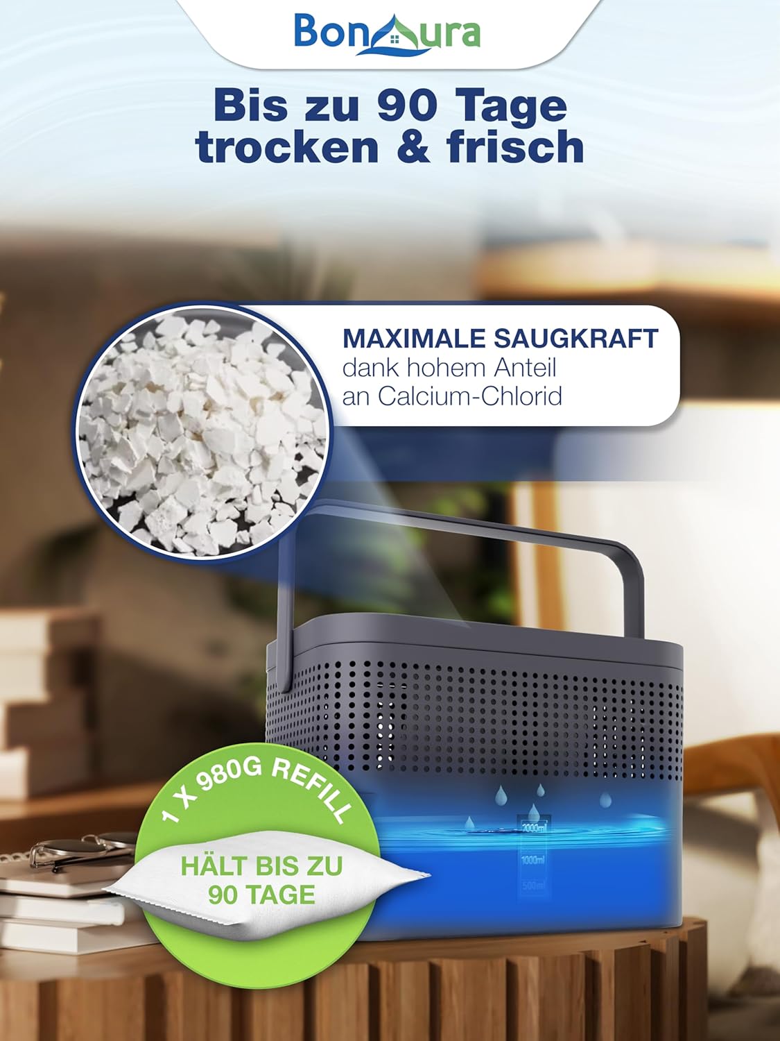 Thumbnail 4 de BonAura® Luftentfeuchter Nachfüllpack 2x 980 g (2er Set) – Granulat gegen Feuchtigkeit, Schimmelgeruch und Kondenswasser