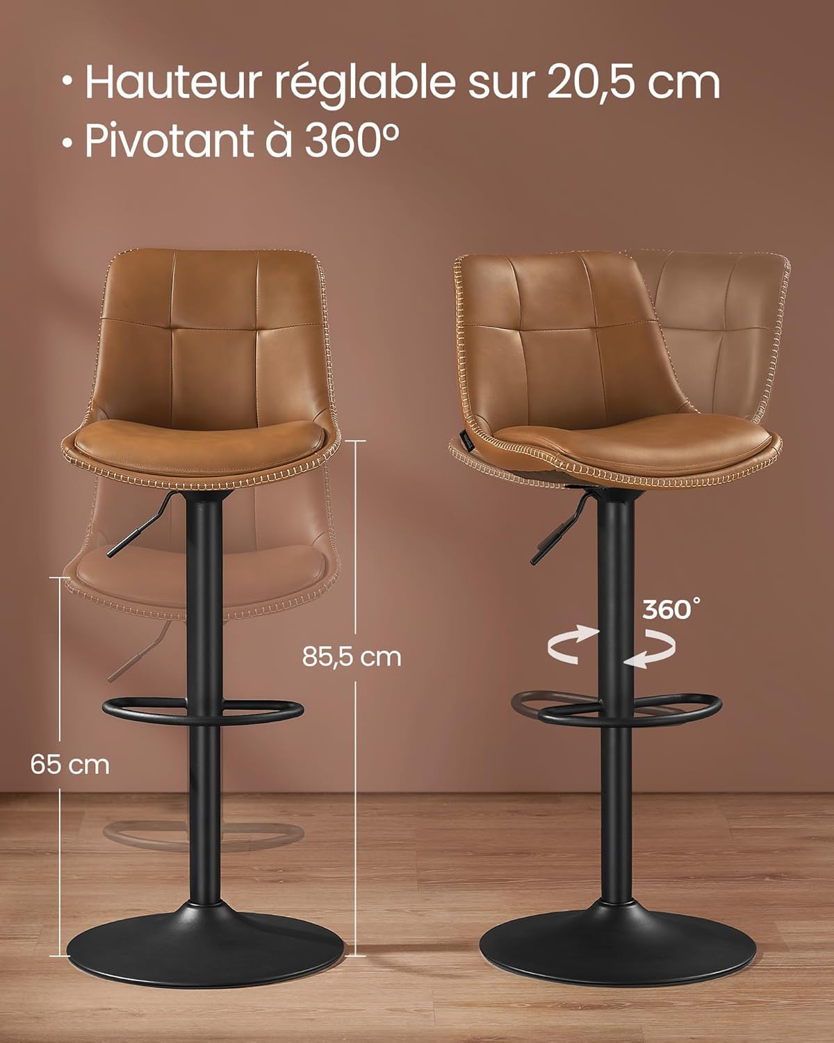 Thumbnail 6 de Lot de 2 tabourets de bar VASAGLE LJB095K01, assise pivotante réglable avec dossier