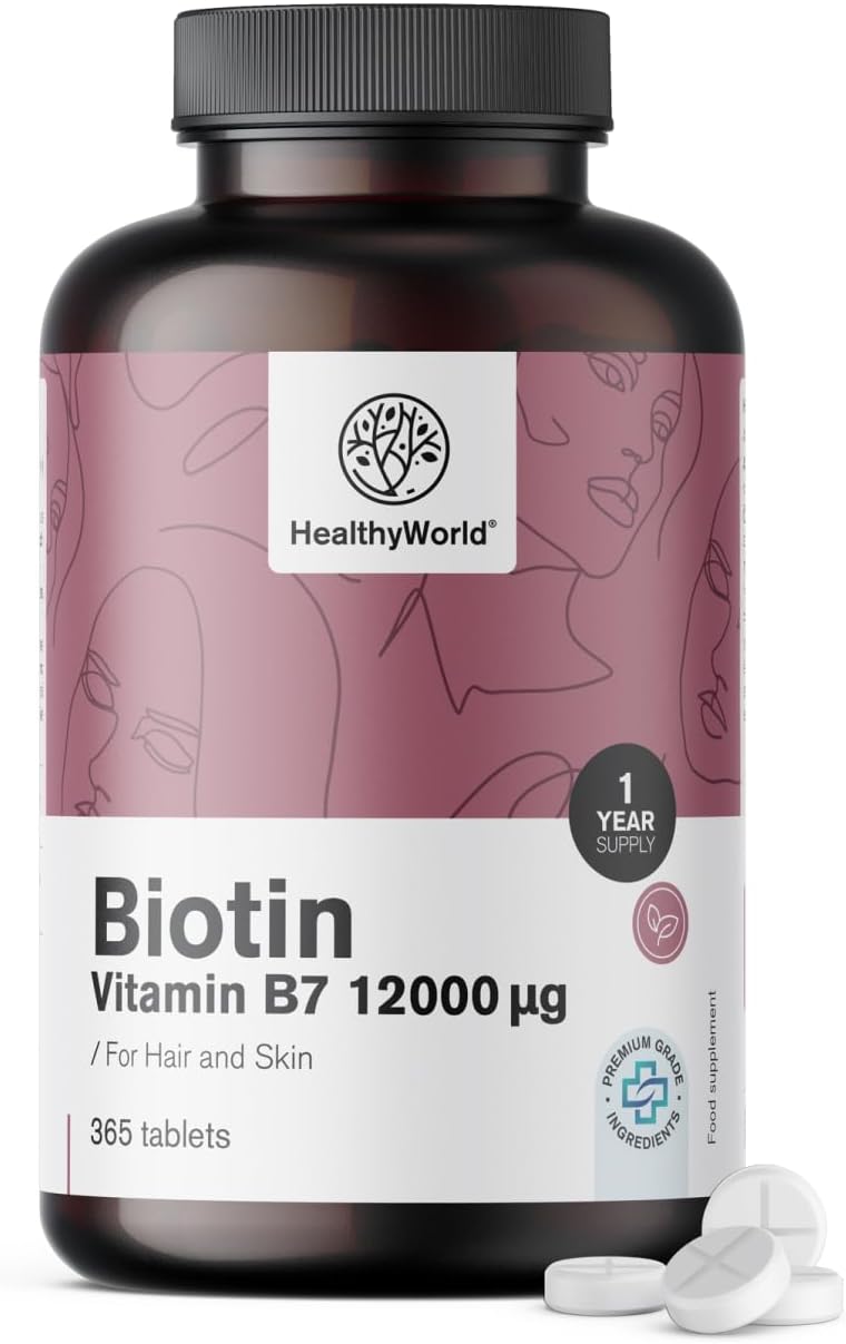 Detalle de HealthyWorld Biotine 12.000 µg, 365 tabletten vitamine B7 voor haar, huid en nagels