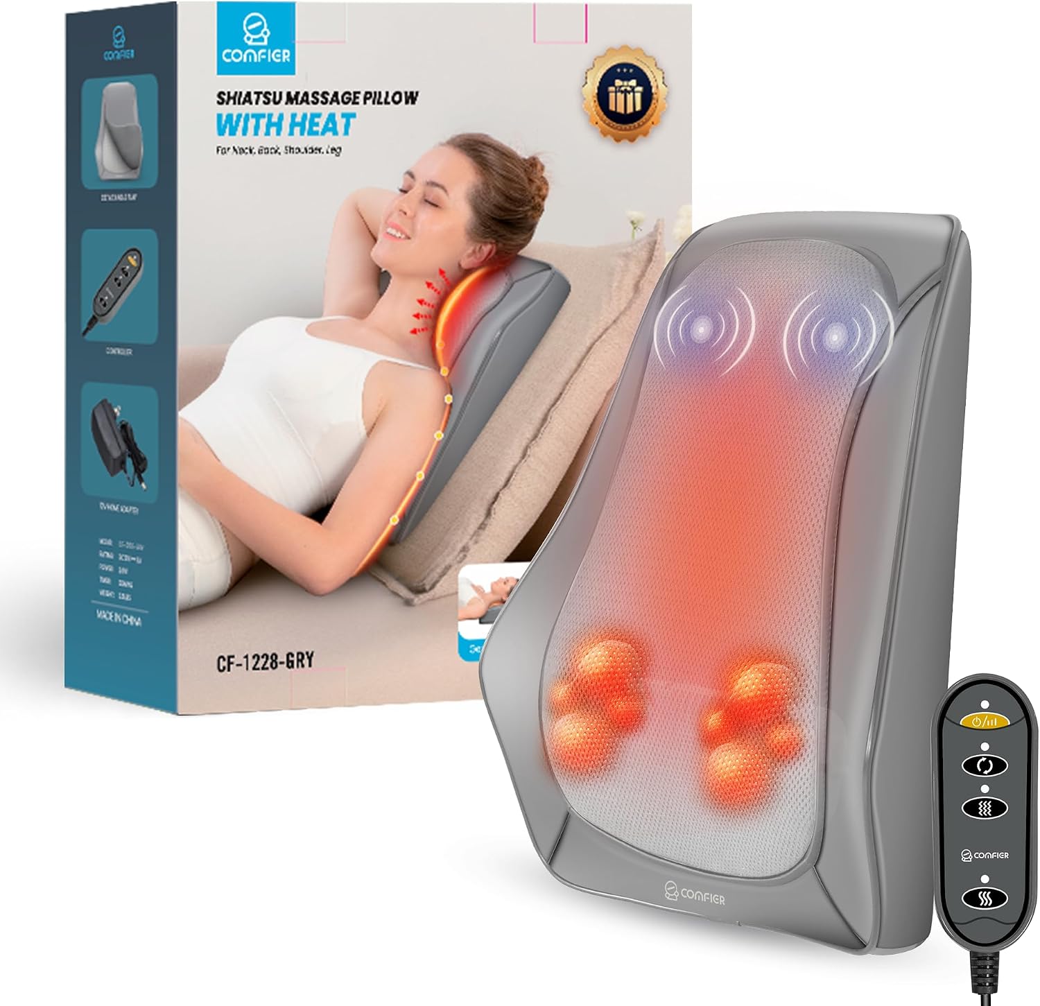 Detalle de COMFIER Shiatsu Massaggiatore cervicale con calore e vibrazione – Massaggiatore 3D per schiena Grigio