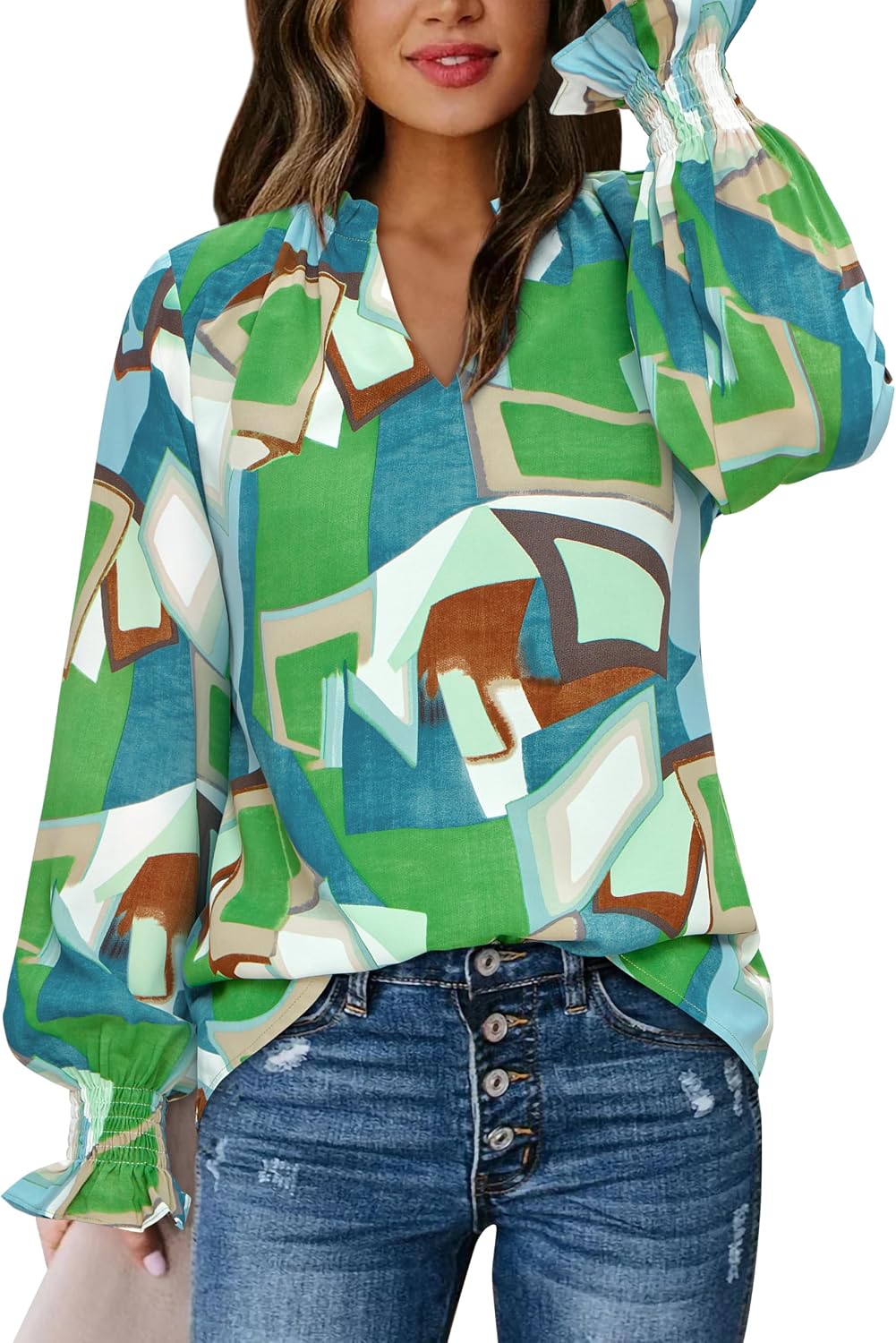 Thumbnail 2 de MASCOMODA V-Neck Floral Long Sleeve Puff Sleeve Chiffon Boho Blouse Top