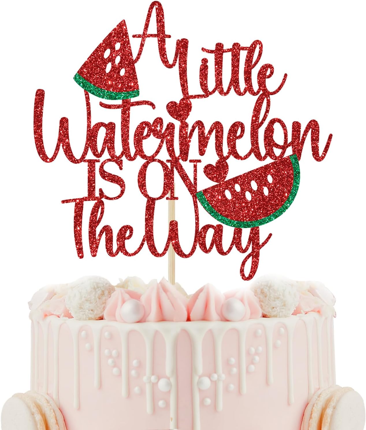 Detalle de Calarjeta A Little Watermelon Is on the Way Cake Topper, Red Glitter Paper, 5.9 x 4.2 Inches