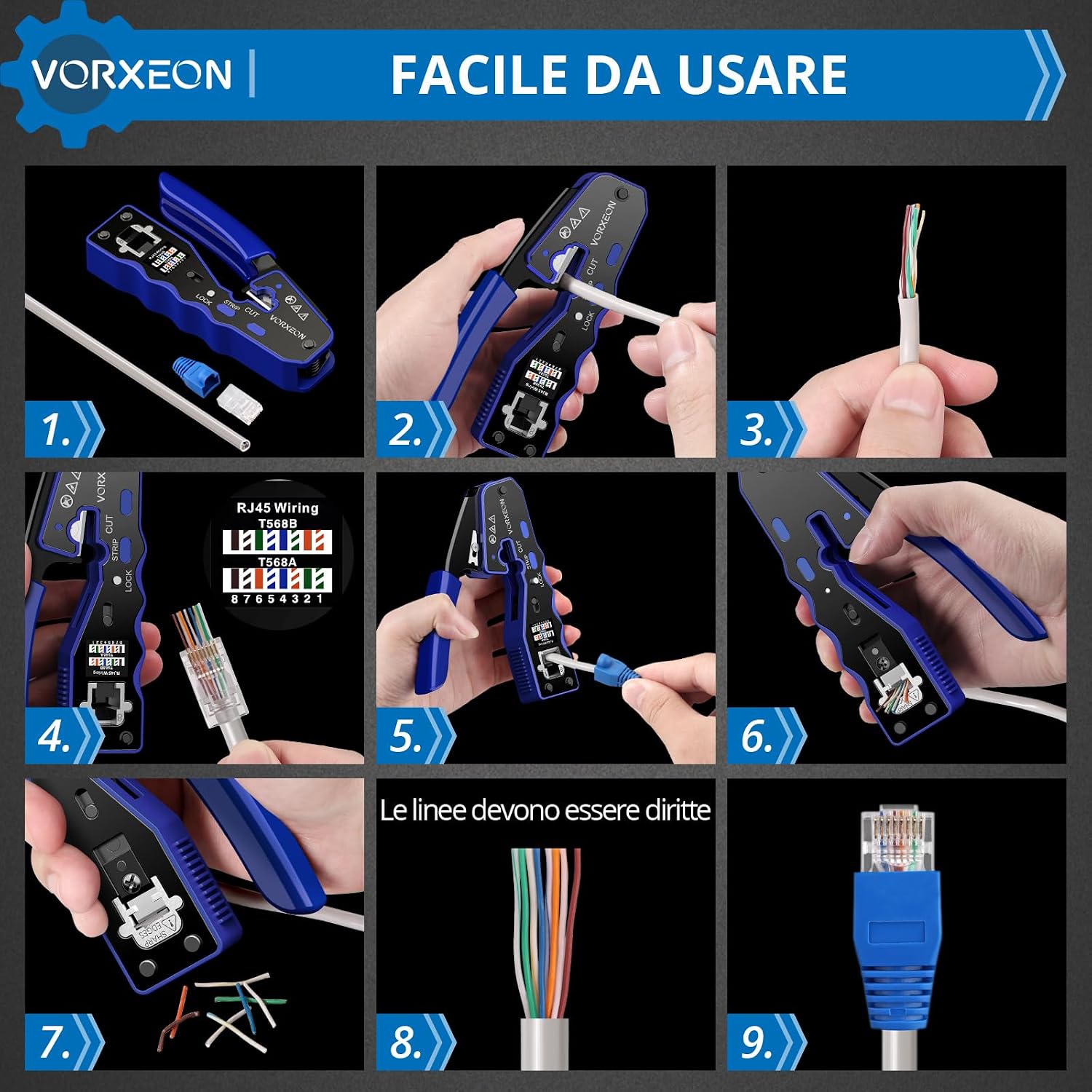 Thumbnail 4 de VORXEON Pinza Crimpatrice RJ45 di Rete Ethernet – Kit completo per cablaggio CAT5/CAT5E/CAT6/CAT6A