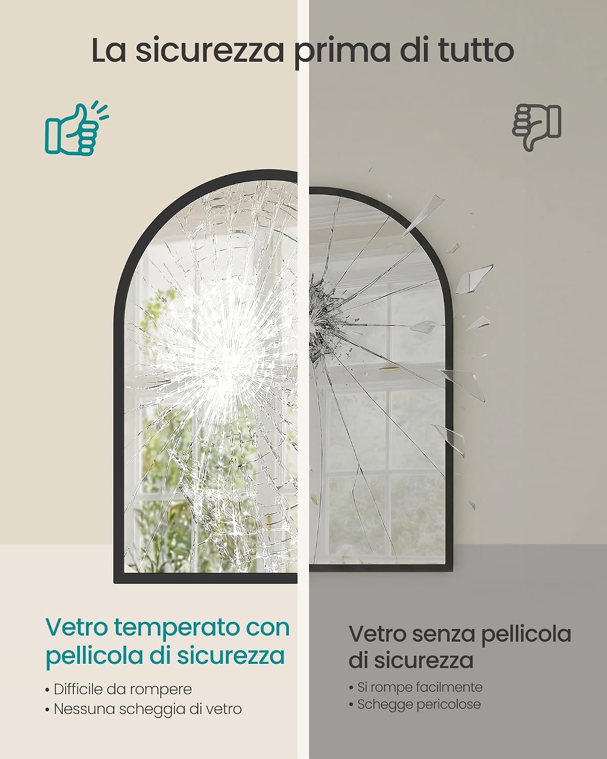 Detalle de SONGMICS LWM013BD01 Specchio da parete ad arco 40 x 30 cm con cornice in alluminio e pellicola di sicurezza