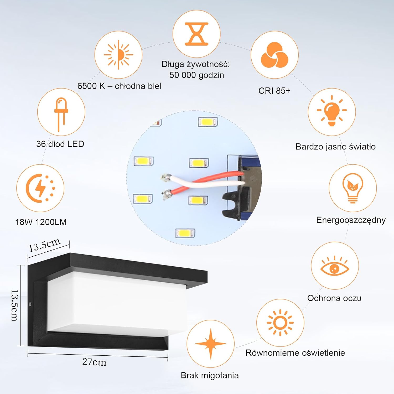 Detalle de YICALE BDA-260-001 – zewnętrzny kinkiet LED 18 W, IP65, 6500 K