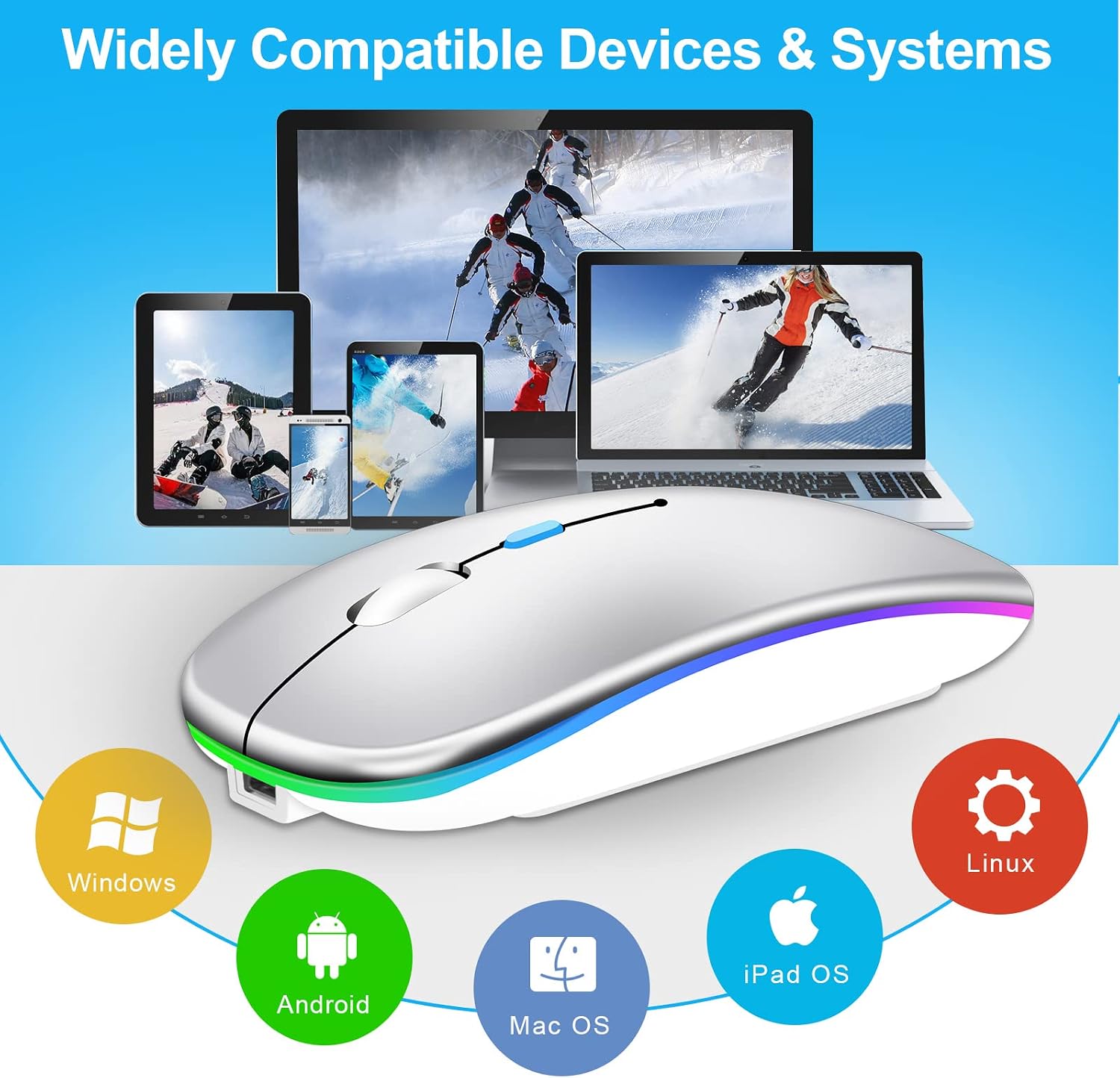 Thumbnail 6 de Kabellose Bluetooth-Maus für Laptop mit 2.4GHz Dual-Empfänger, wiederaufladbar (Bluetooth 5.2 + USB A + USB C) – 1600 DPI, silber