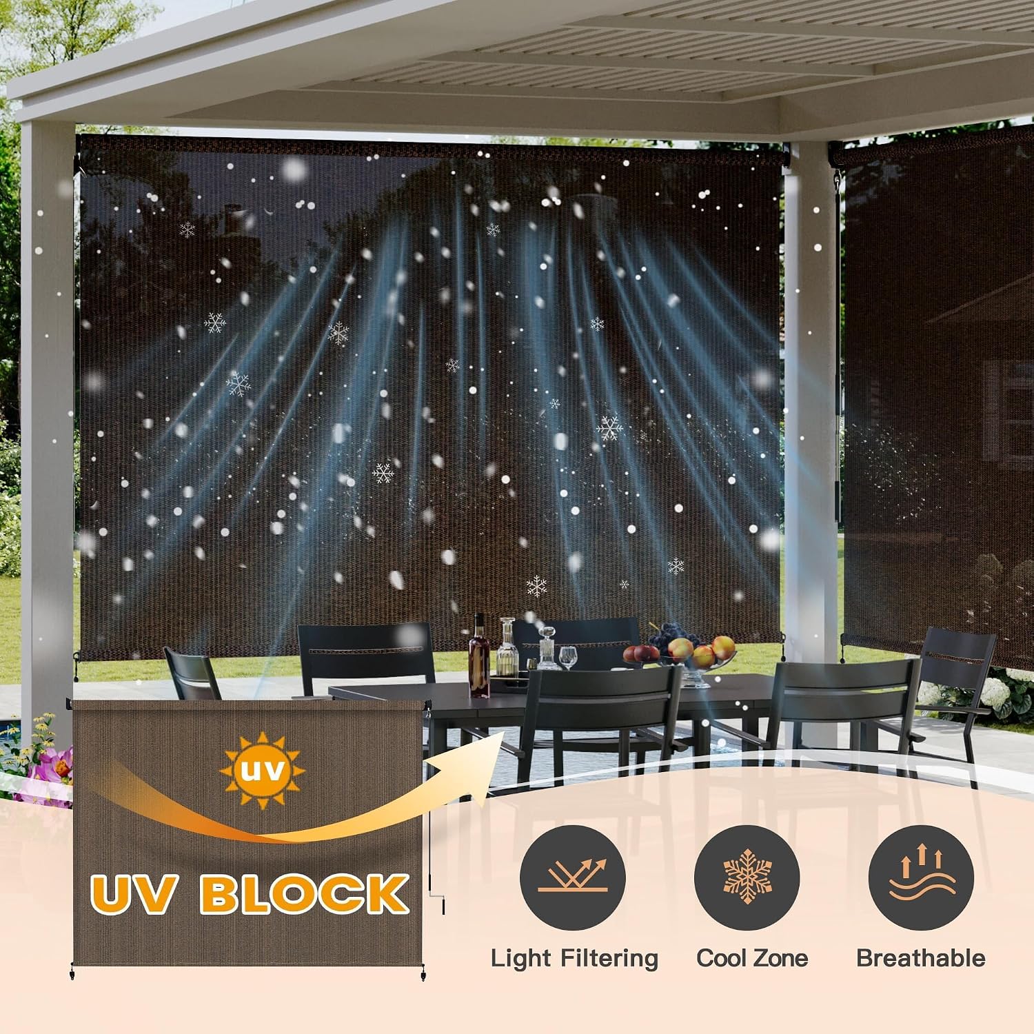 Detalle 2 de VICLLAX SRMOB Outdoor Roller Shade, 8' x 8', Cordless Crank, Mocha