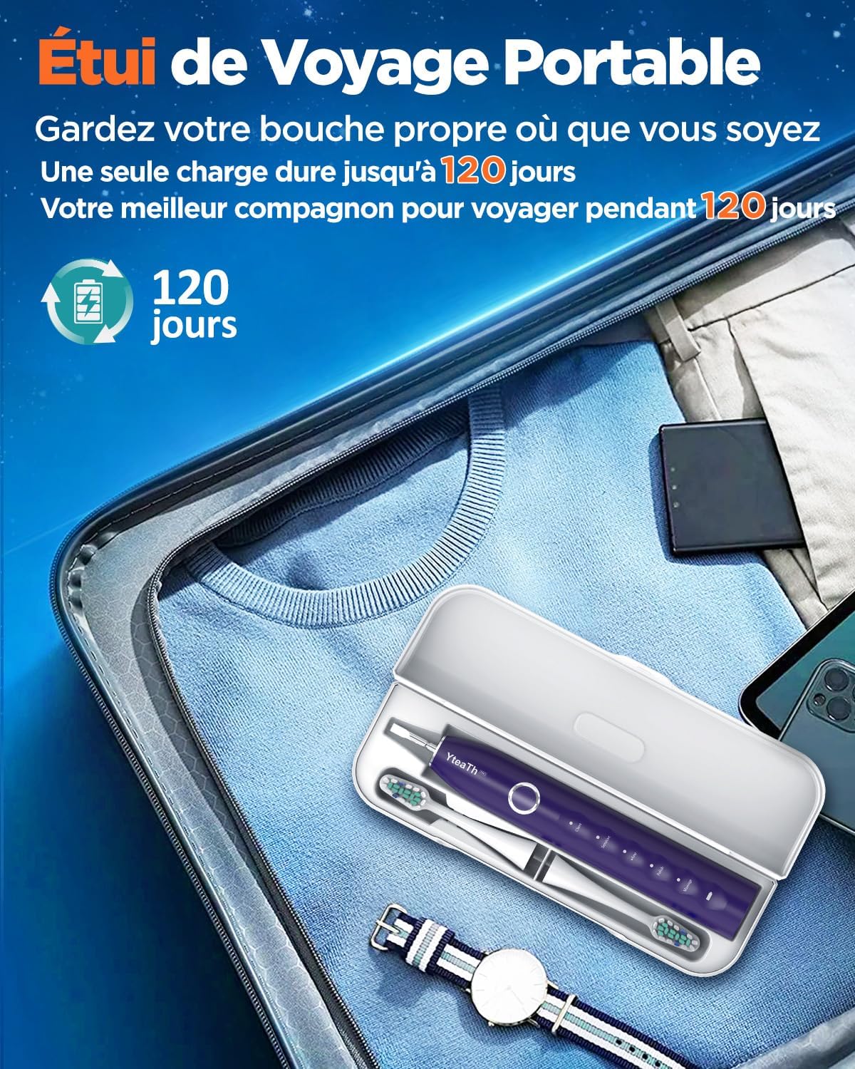 Detalle 2 de YTEATH PRO Brosse à dent électrique sonique pour femme (violet foncé) avec 8 têtes, 5 modes et étui de voyage