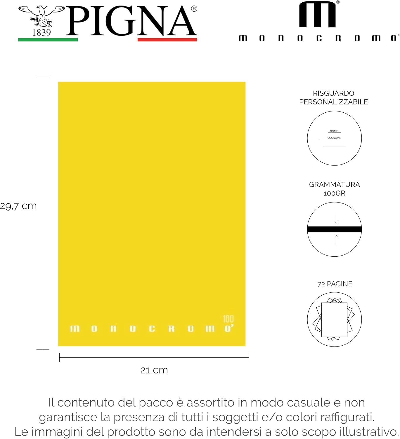Detalle 2 de Pigna Monocromo 02298880Q – Quaderno A4 38 Fogli, Rigatura 0Q 5 mm con Margine (2ª/3ª Elementare), Carta 100 g, Copertina Monocolore