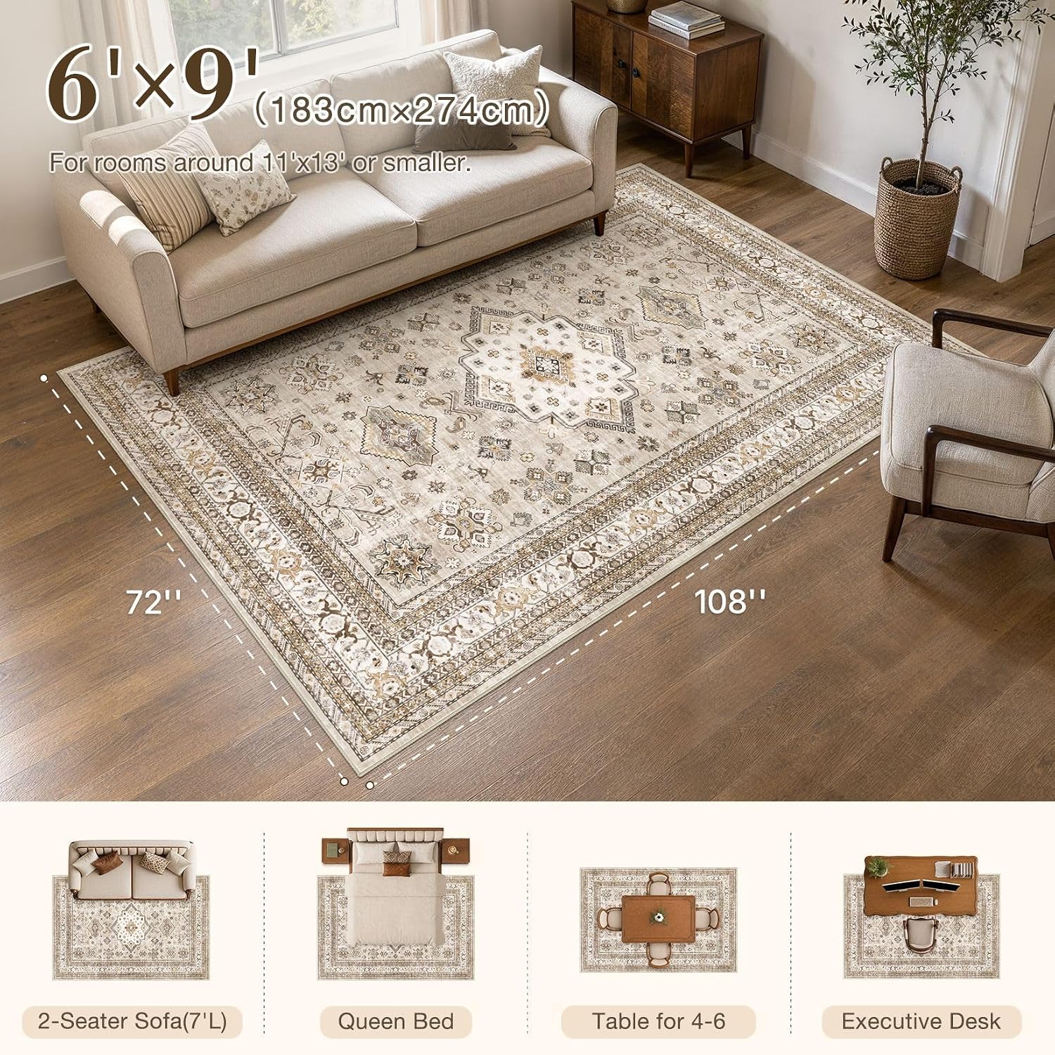 Detalle 2 de cotiled rug-23113 6' x 9' Beige Washable Traditional Area Rug