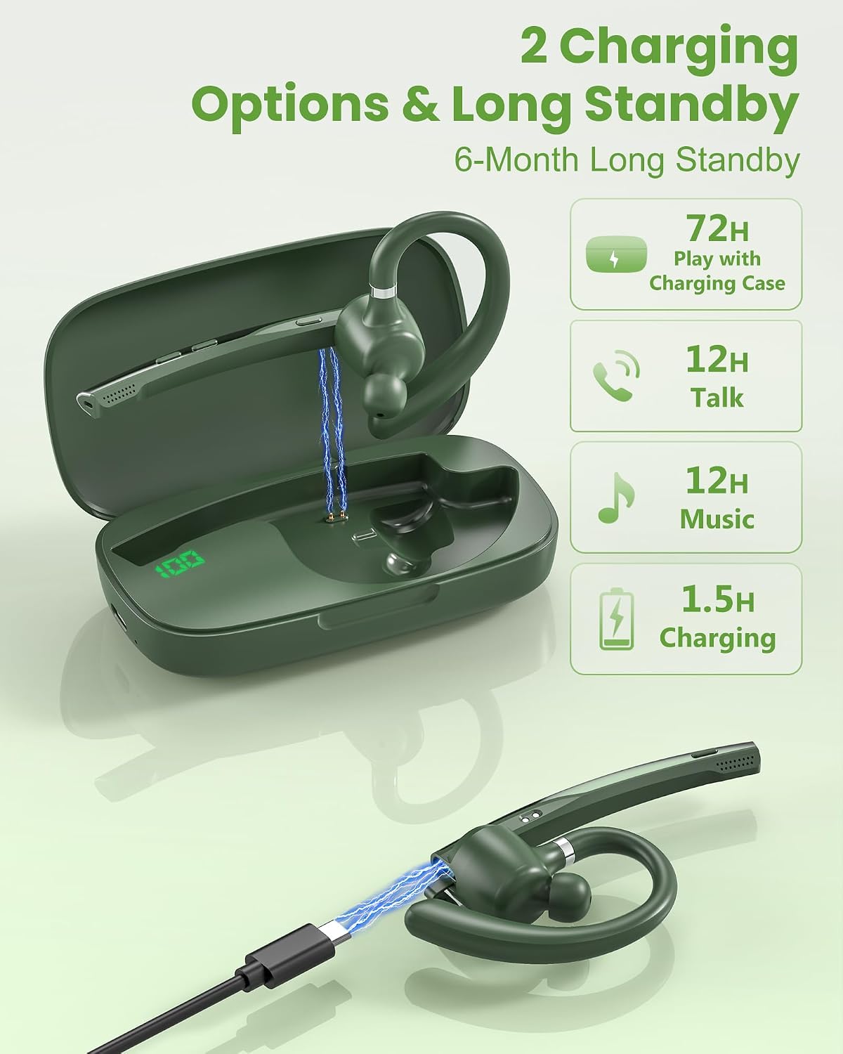 Thumbnail 2 de New Bee Bluetooth Headset V5.1 with 500mAh Case – Dual Mic, 72H Play Time, Green