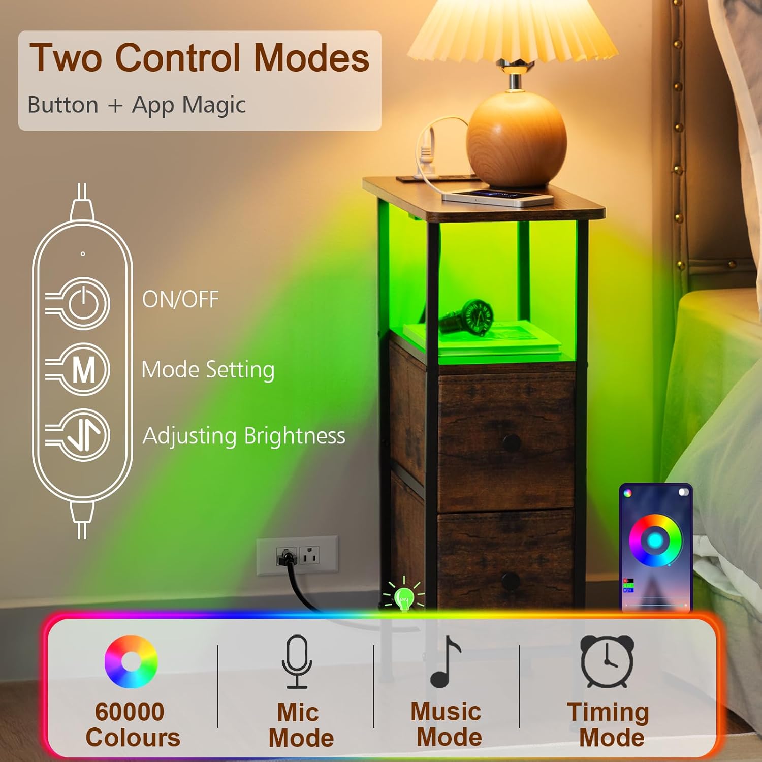 Detalle de LOAKEKEL Slim Bedside Table Set of 2 with Charging Station and LED Lights (Brown)