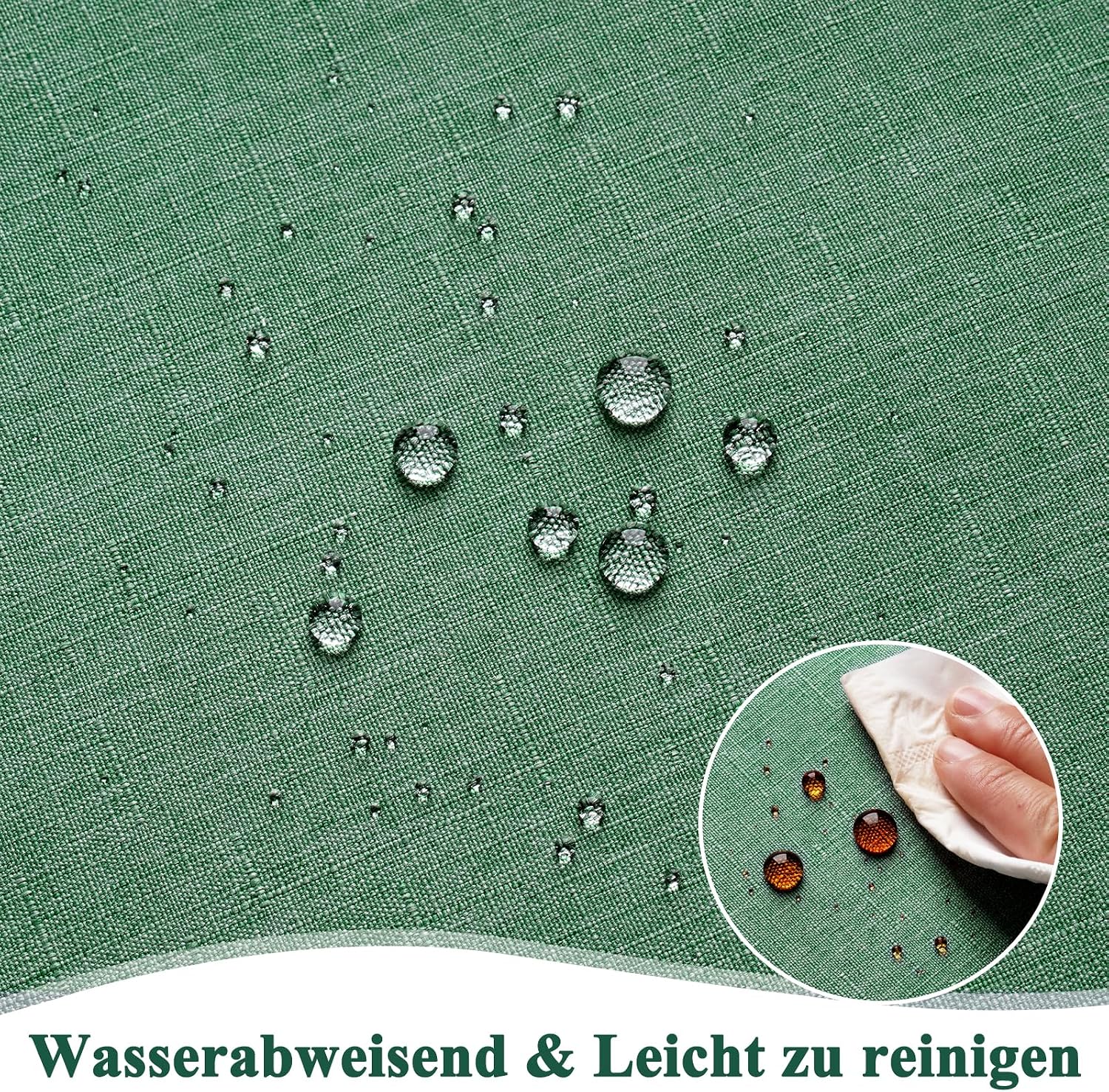 Detalle de AooHome Tischdecke abwaschbar Grün (Leinen-Optik) 140x240 cm – wasserabweisend mit Lotuseffekt