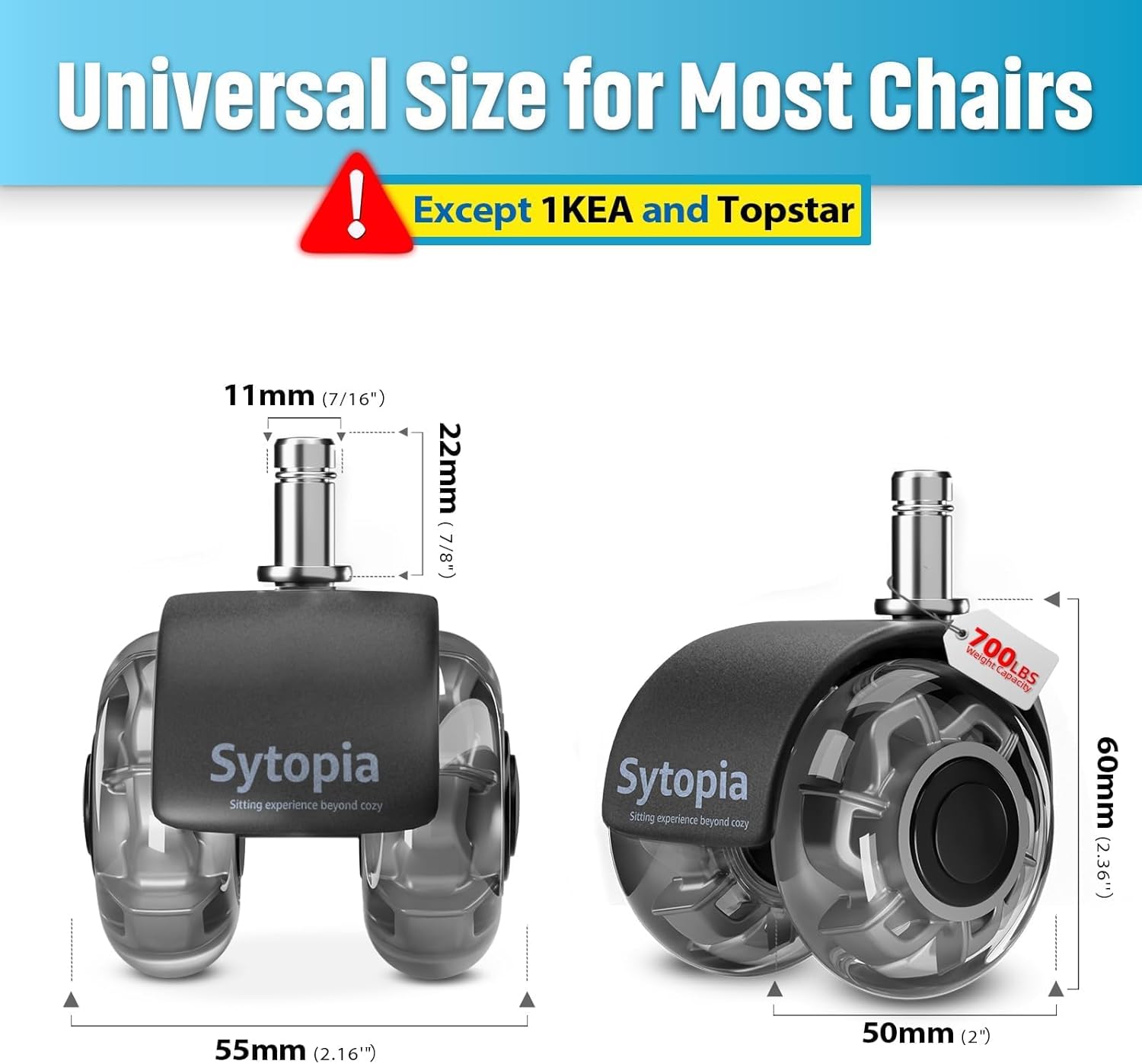 Thumbnail 1 de Sytopia Set di 5 ruote per sedia da ufficio con perno 11 x 22 mm – compatibili con pavimenti in legno, moquette, laminato e piastrelle