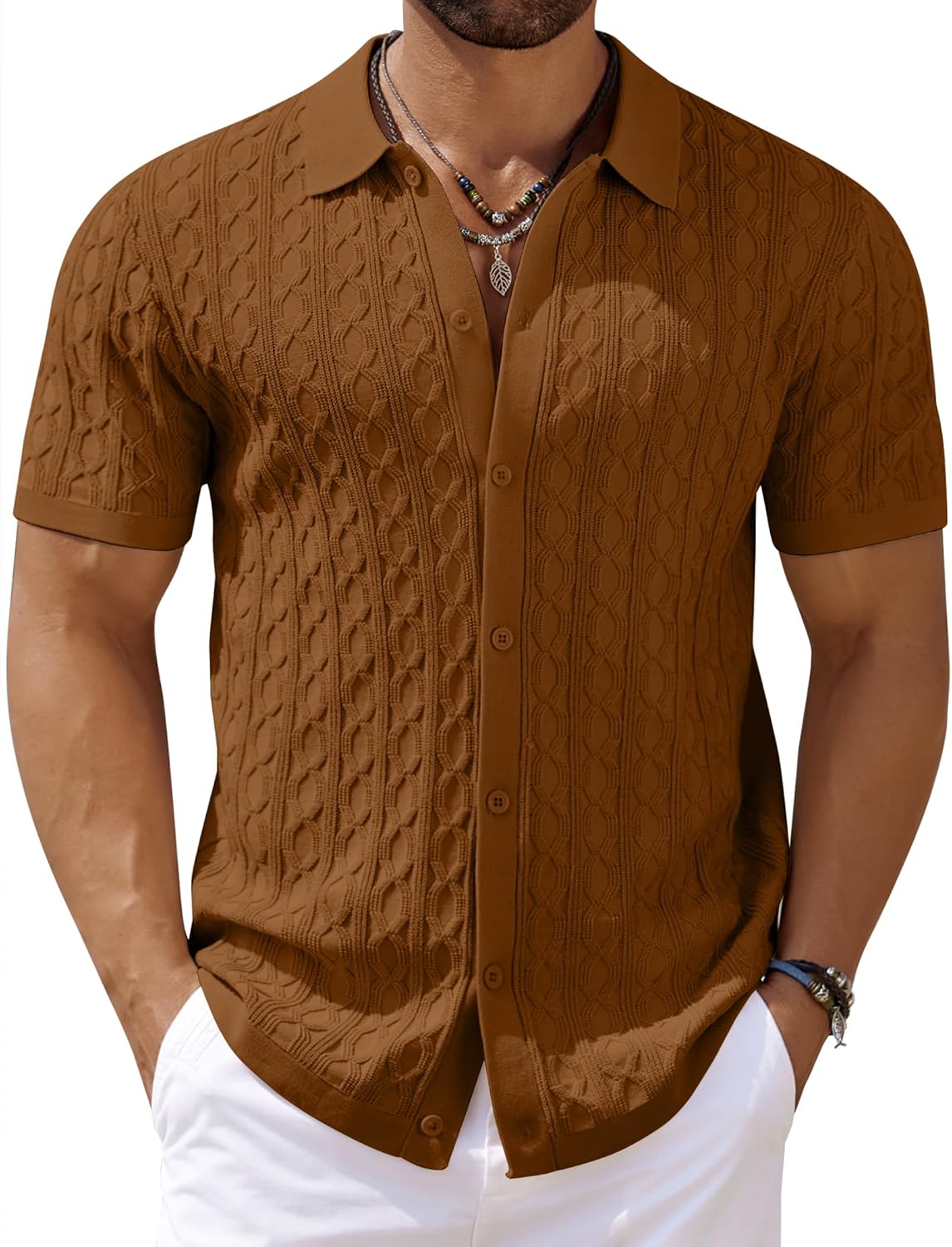 Thumbnail 5 de COOFANDY Men's Knit Short Sleeve Polo Shirt with Vintage Cable Knit