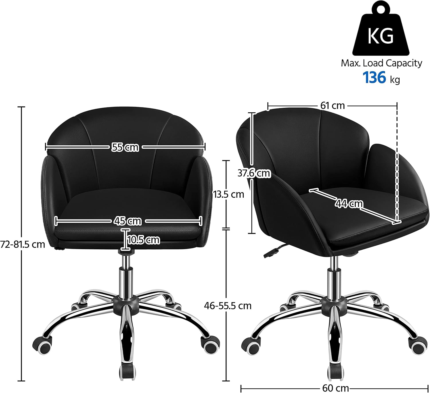 Detalle de Yaheetech Homeoffice Schminkstuhl & Schreibtischstuhl mit Armlehnen, höhenverstellbar bis 136 kg (Schwarz, Kunstleder)