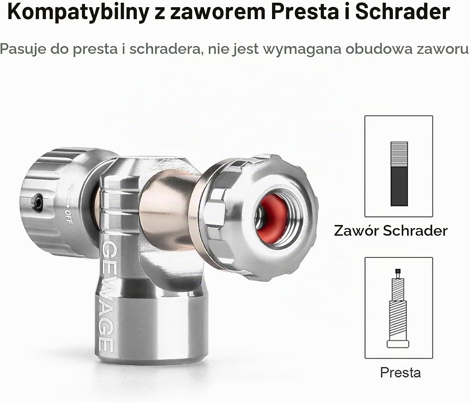 Detalle de GEWAGE GE-0046 pompka CO₂ do roweru, Presta i Schrader, 4 naboje 16 g