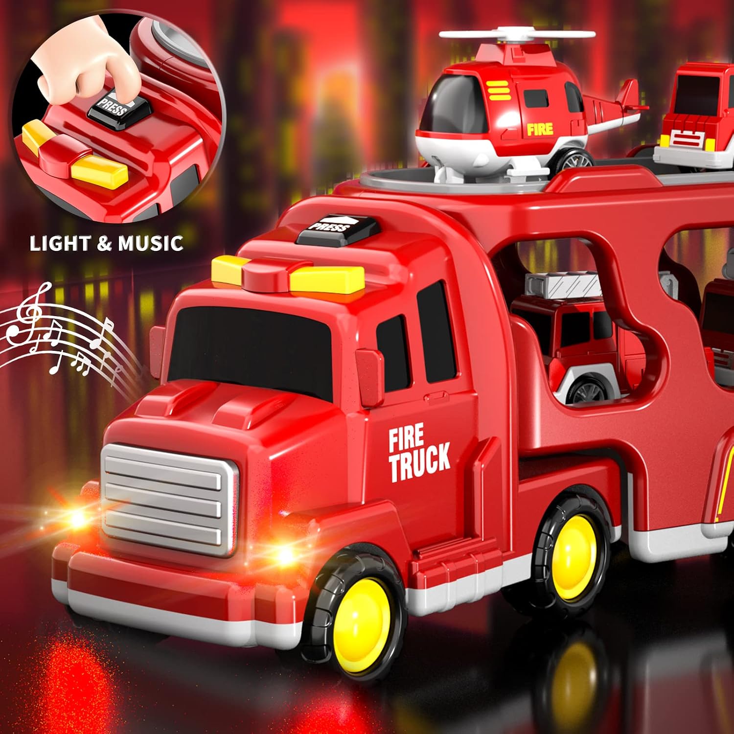 Detalle de Bennol SX600-22-11 5-in-1 Fire Truck Toy with Lights, Sound and 4 Mini Vehicles