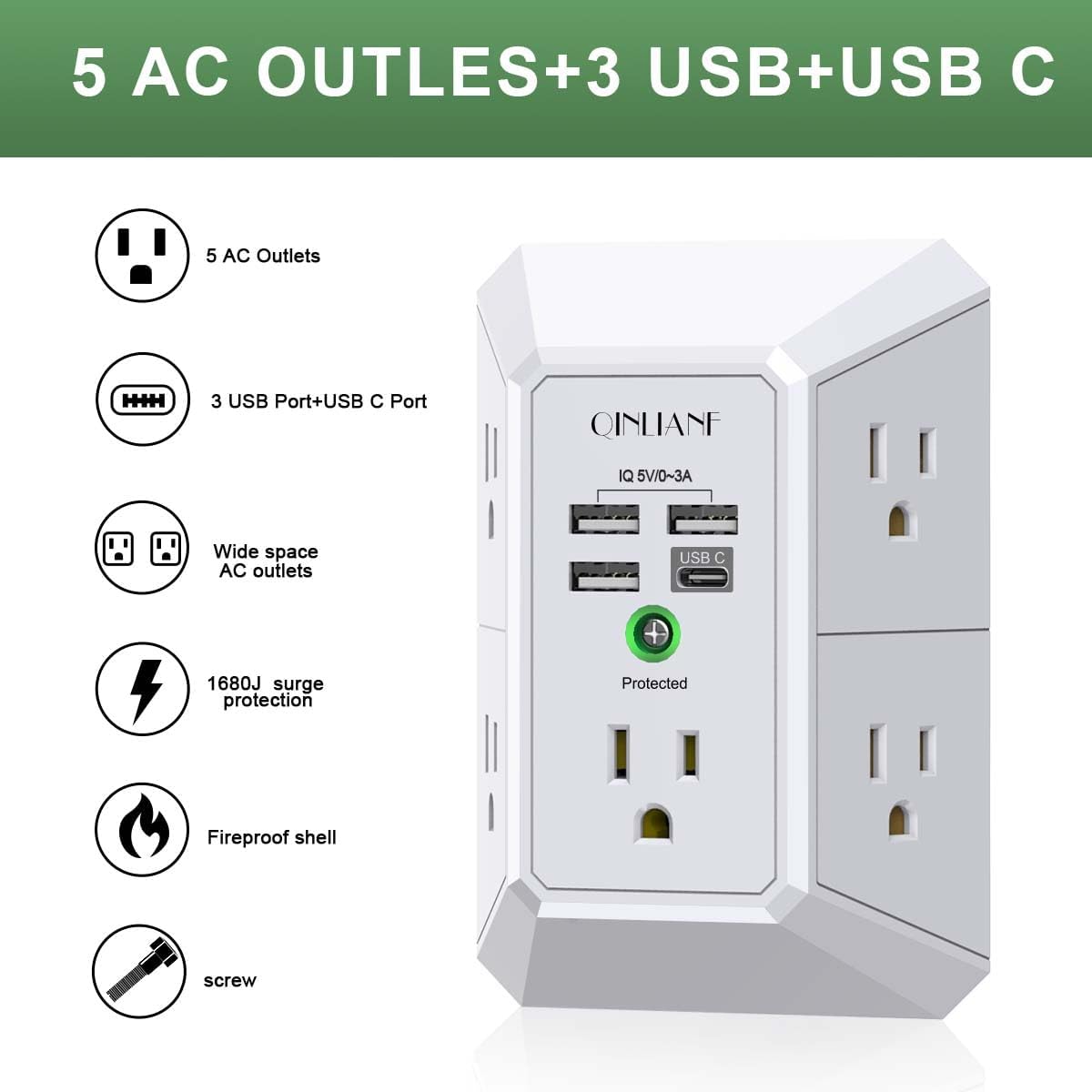 Detalle 2 de QINLIANF 5 Outlet Extender 4.8A USB ⚡
