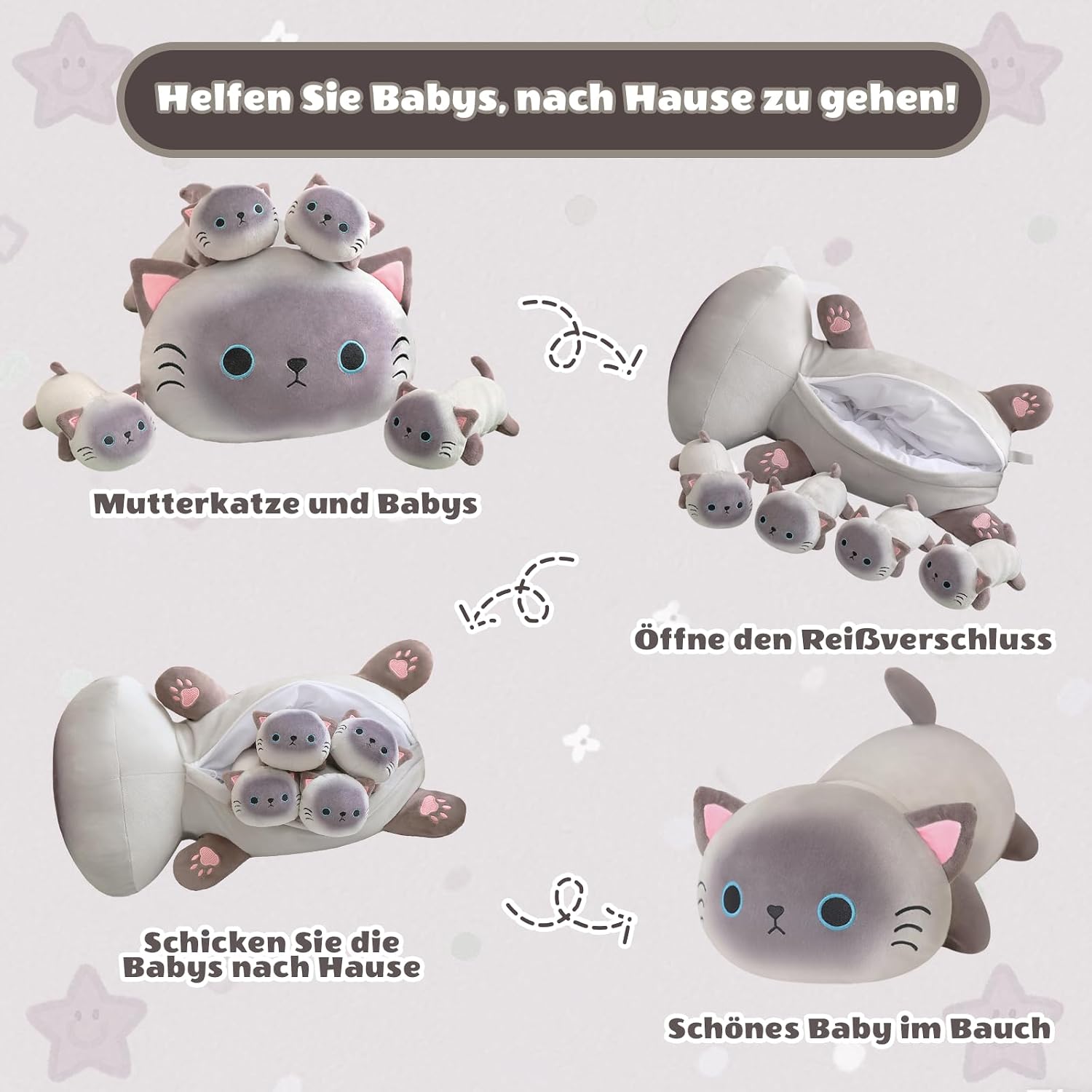 Thumbnail 1 de SQEQE Siamese Cat Plush with 4 Babies: 5-in-1 Cozy Set for Kids and Adults
