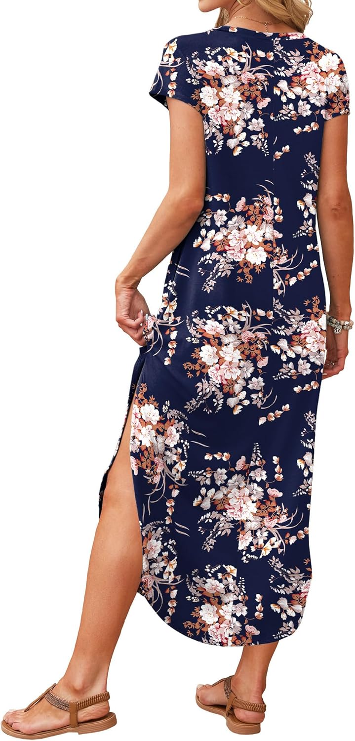 Detalle de RUMIA Summer Casual Maxi Dress for Women with V-Neck, Cap Sleeves, Pockets, and Boho Vibe