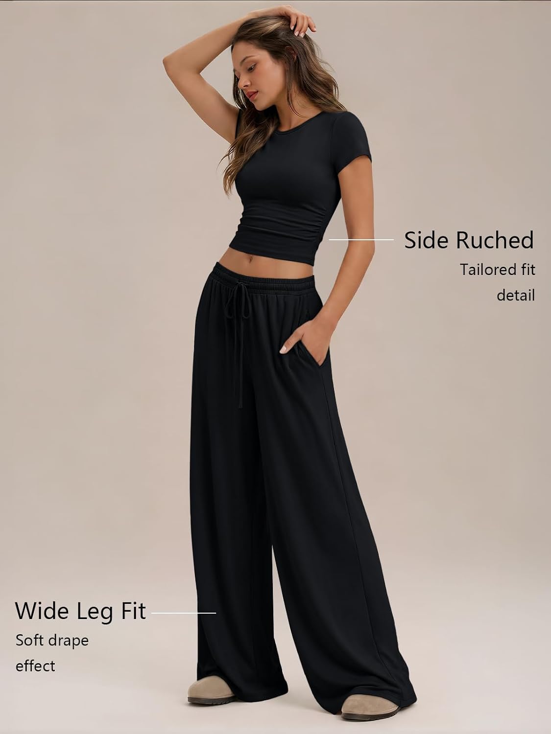Detalle de Trendy Queen 2 Piece Matching Summer Lounge Set: Side Ruching Top + Wide-Leg Pants