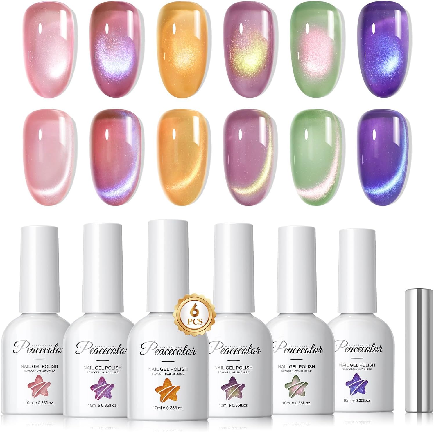 PEACECOLOR Vernis Semi Permanent Magnétique 10ML – Kit 6 teintes Cat Eye avec aimants