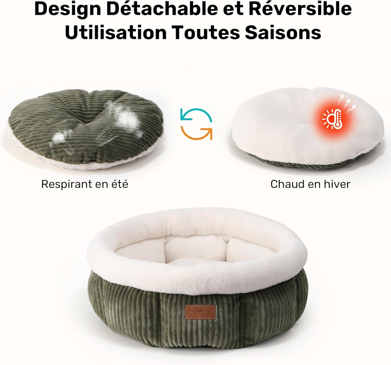 Thumbnail 5 de FUKUMARU Lit pour Chat rond en cordon d’intérieur, lit lavable doux et confortable (vert)