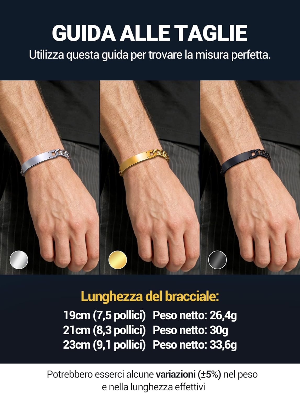 Thumbnail 2 de PROSTEEL Bracciale personalizzato in acciaio 316L con catena cubana e placca orizzontale Argento/Oro/Nero