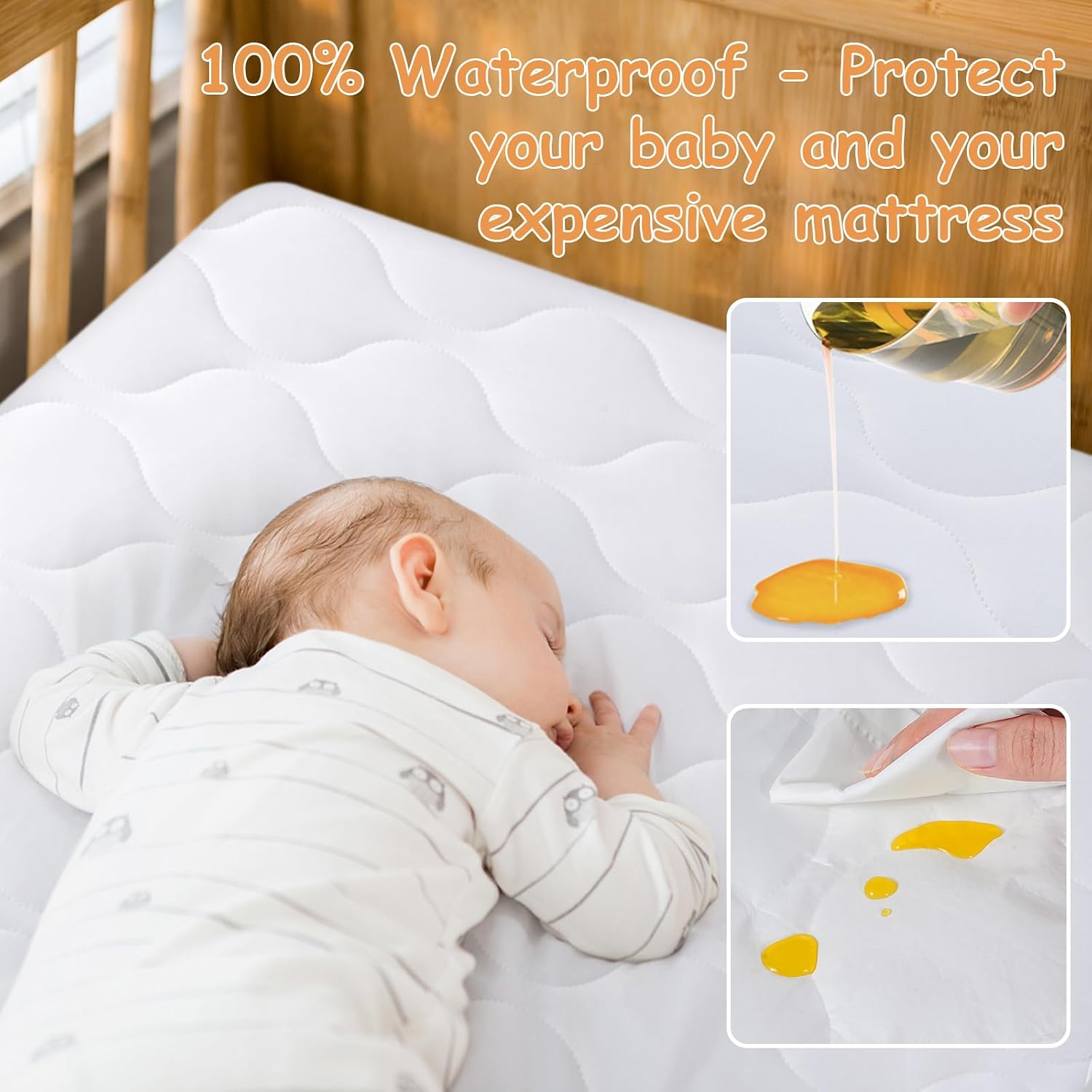 Detalle de Yoofoss Waterproof Crib Mattress Protector, 2-Pack, Quilted 52 x 28-Inch Covers