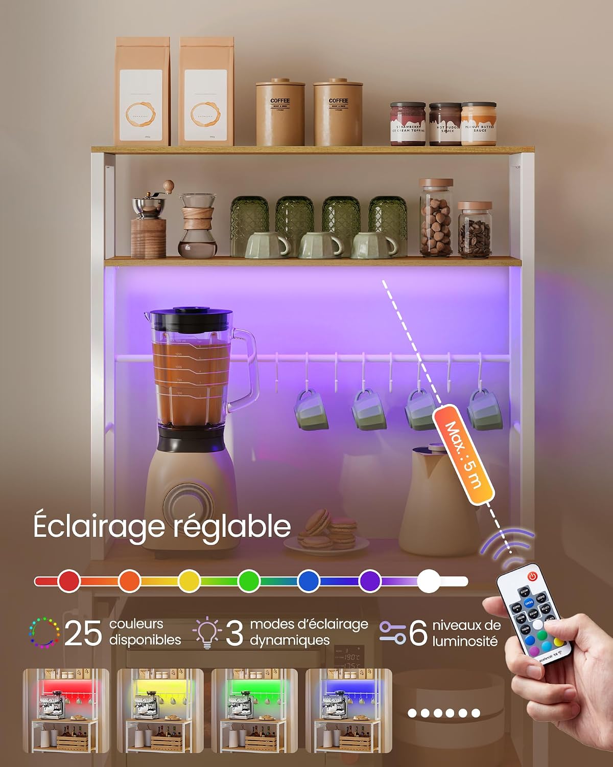 Thumbnail 3 de VASAGLE étagère de cuisine avec LED et multiprise KKS050YA01 (40 x 80 x 168,4 cm) – doré chêne et blanc mat