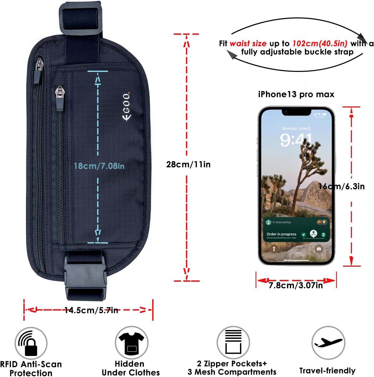 Detalle de EGOO Ultralight RFID Money Belt with Adjustable Elastic Strap (Black) + 3 RFID Card Sleeves