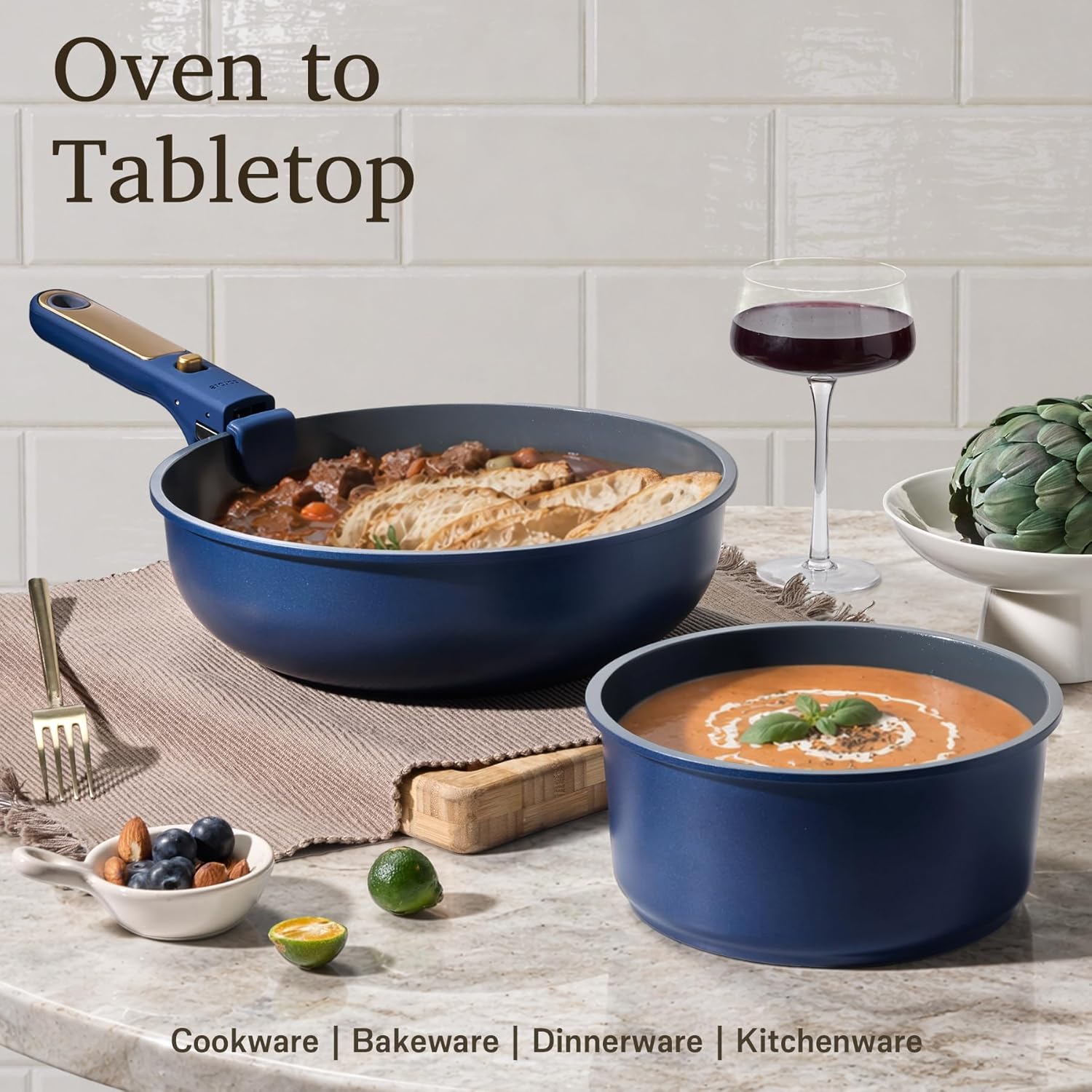 Thumbnail 4 de CAROTE Blue & Gold Ceramic Cookware Set: Non-Toxic, PFAS-Free 15-Piece with Detachable Handles