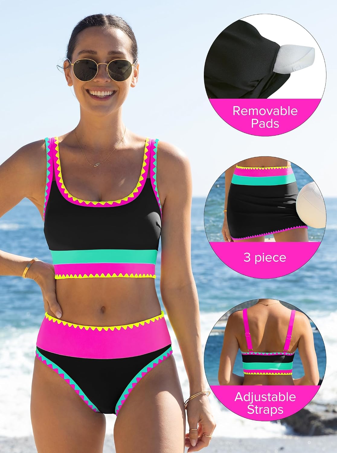 Detalle 2 de popvil High Waisted Bikini Sets for Women Tummy Control (3-Piece Neon Swimsuits with Skirt)