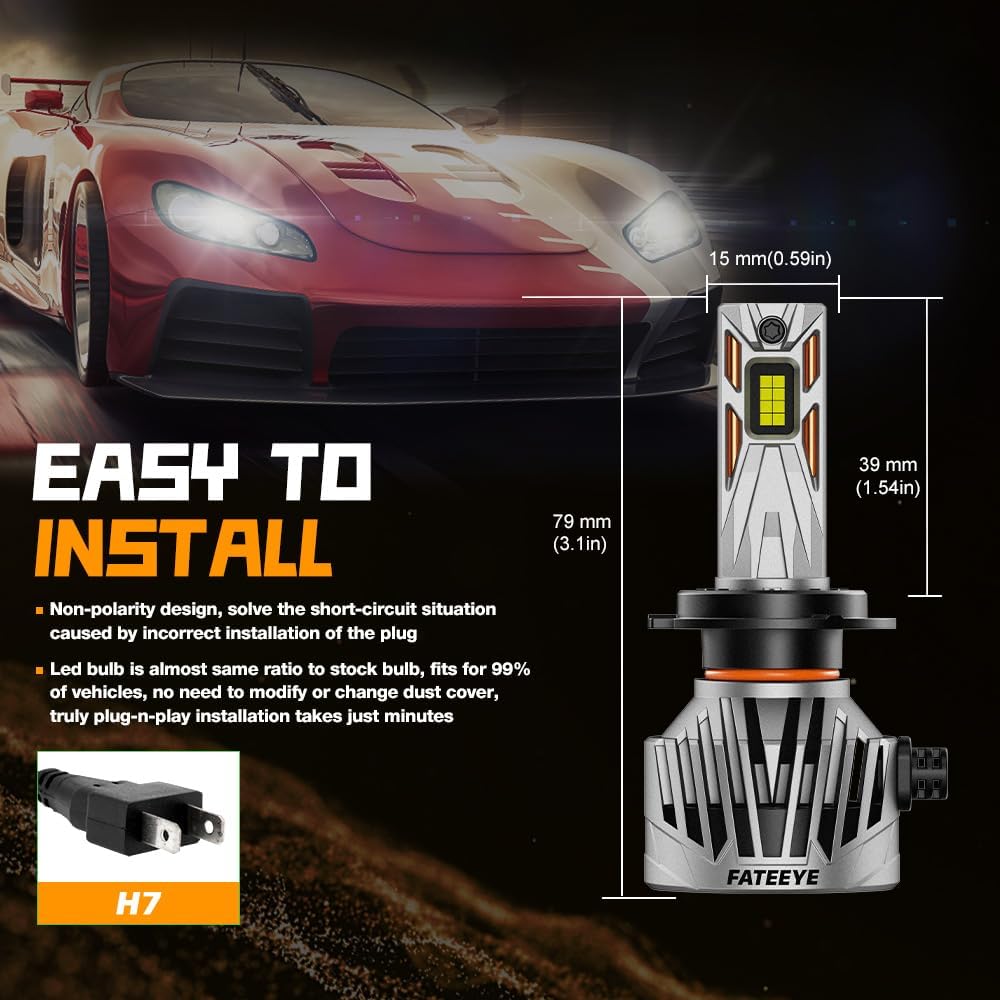 Detalle de FateEye H7 LED Headlight Bulbs – 38000LM, 130W, with Fan, 6500K White, Plug & Play (Pack of 2)