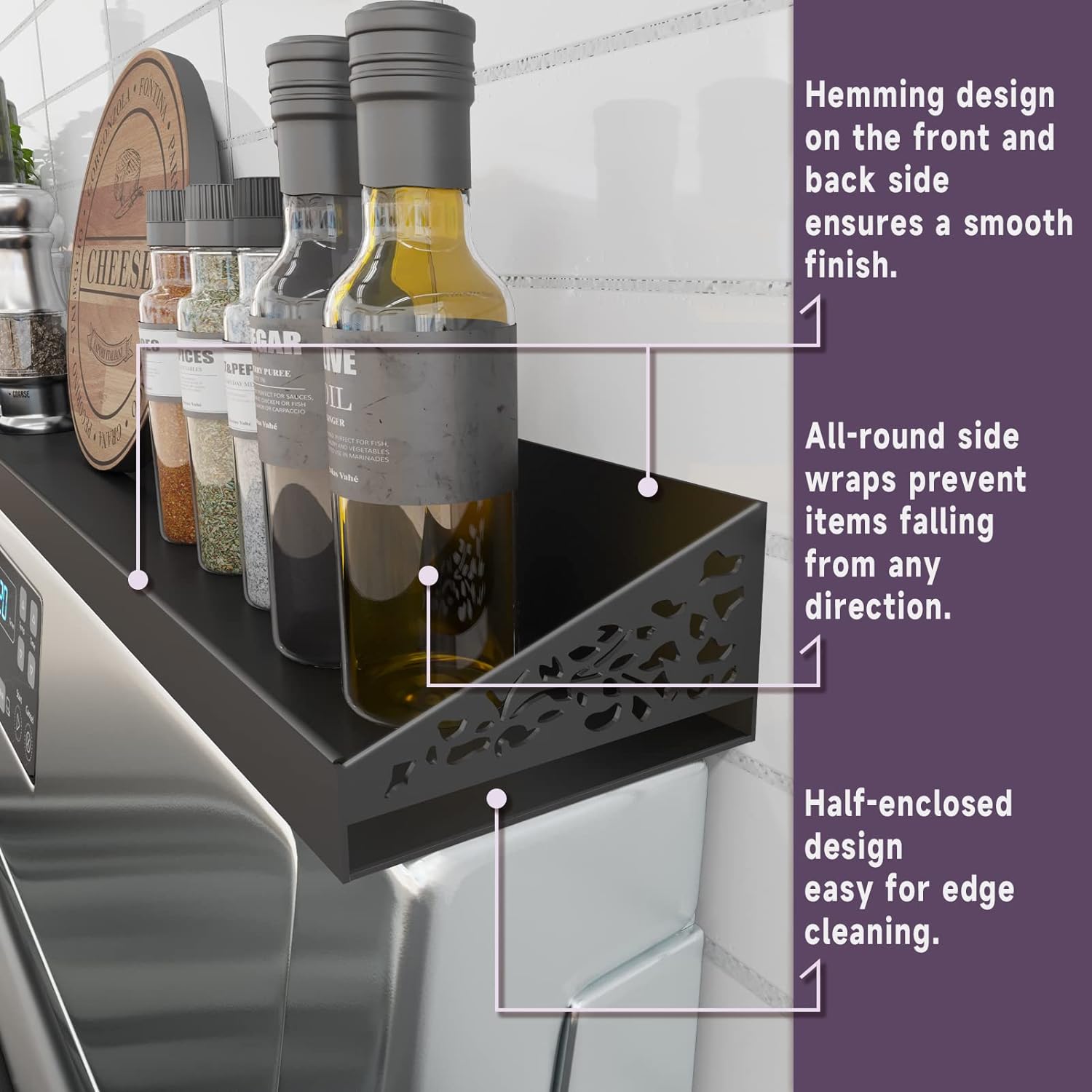 Detalle de STUTOV 30" Magnetic Stove Top Shelf — Black Spice Rack & Seasoning Organizer