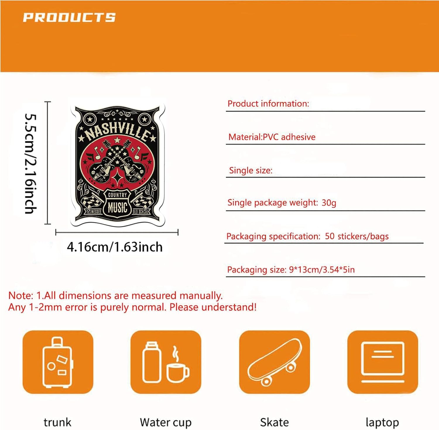 Detalle de Tufeifrank Nashville Tennessee Vinyl Stickers, 50-Piece Waterproof Set