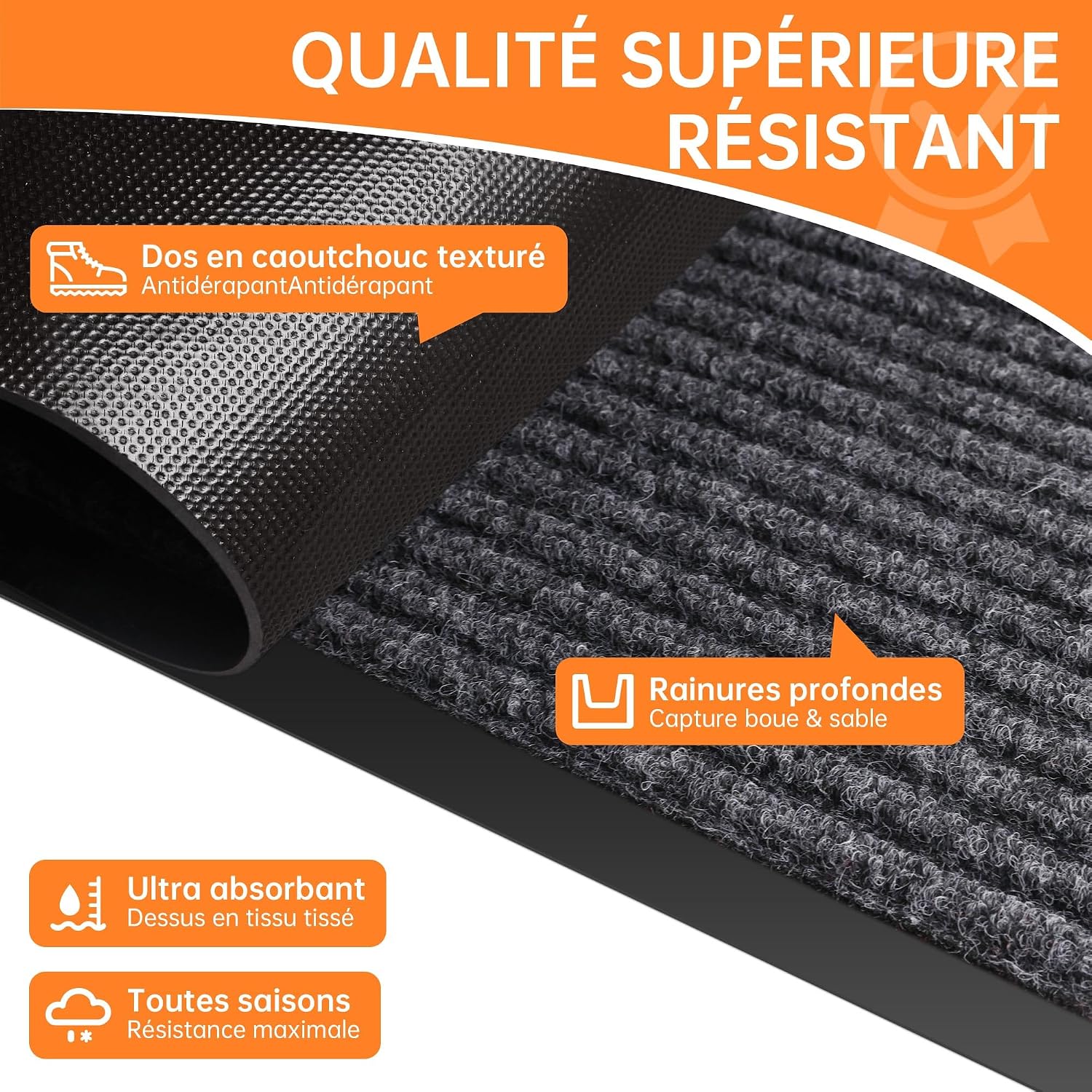 Thumbnail 3 de HOMEK Paillasson d’extérieur pour entrée 60 x 180 cm – grand tapis gris foncé résistant à la pluie