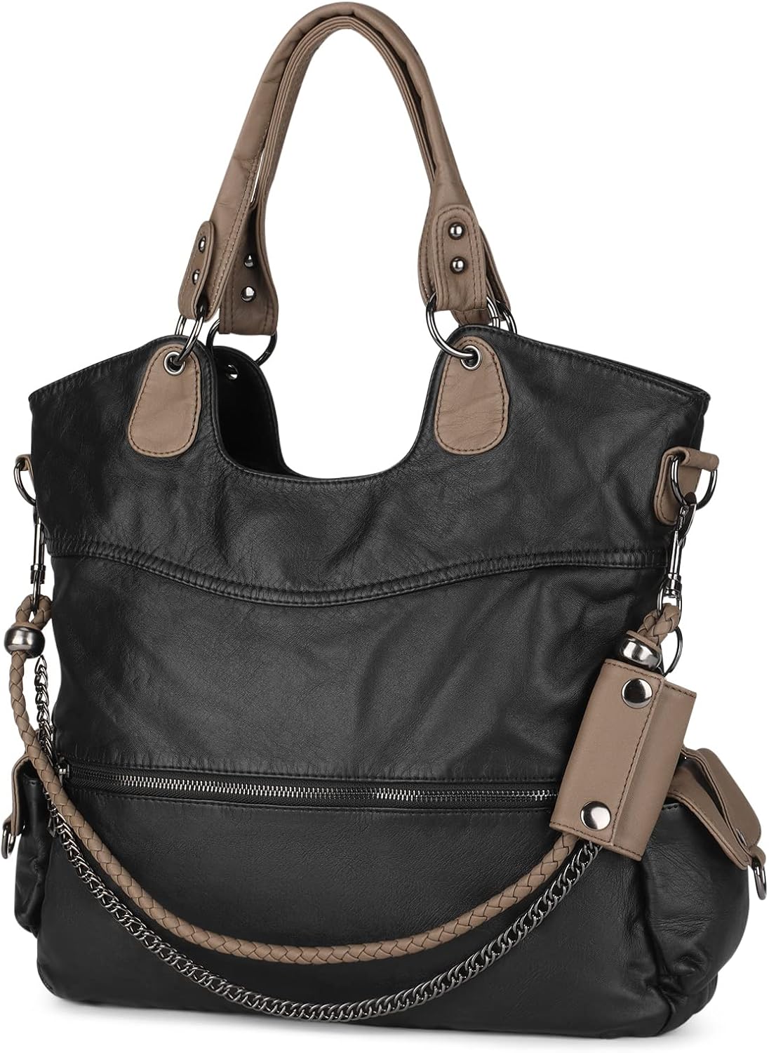 Detalle de VINBAGGE washed vegan leather ladies bag in black – large capacity crossbody/tote with multiple pockets